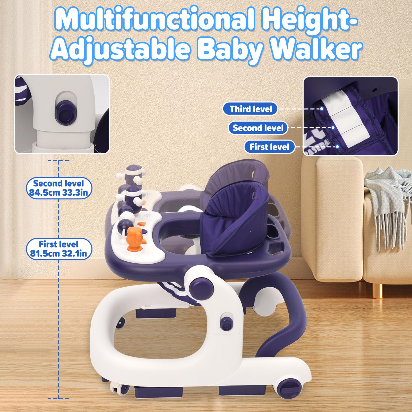 Trotteur Bébé 3 en1, Babywalker avec Hauteur Réglable, Trotteur Bébé Garçon Fille Évolutif avec Musique & Lumière, Centre d'Activités pour 6-18 Mois (gris) (Bleu)