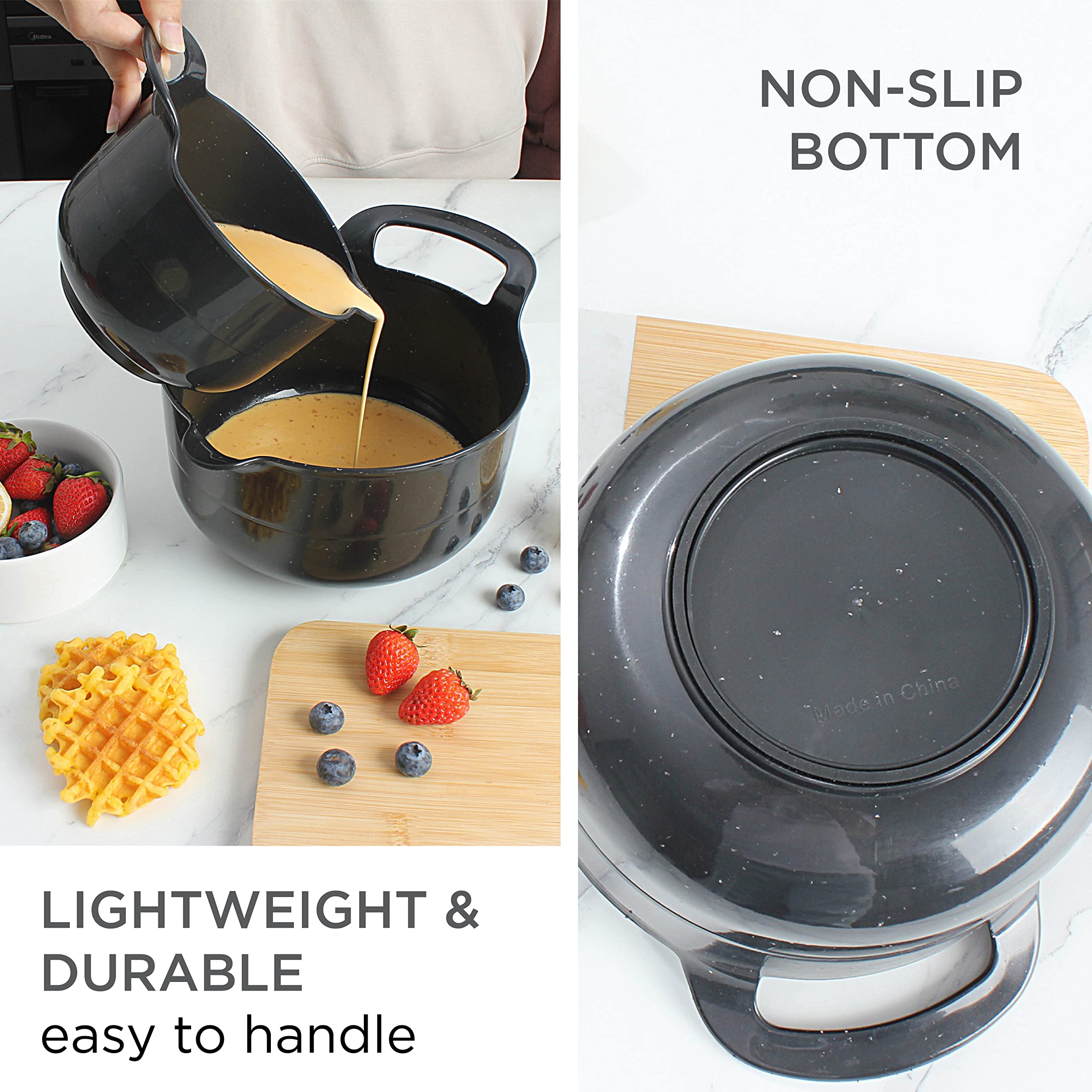 COOK WITH COLOR Mixing Bowls - 4 Piece Nesting Plastic Mixing Bowl Set with Pour Spouts and Handles (Speckled Black)