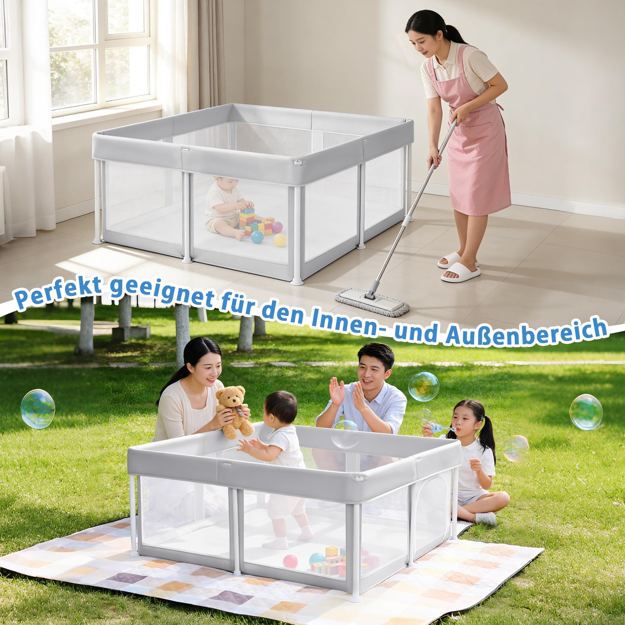 Parc pliable pour bébé, 125 x 125 cm, gris clair | Parc pour bébé avec sac de rangement, grande zone de sécurité et maille respirante, parc pour intérieur/extérieur