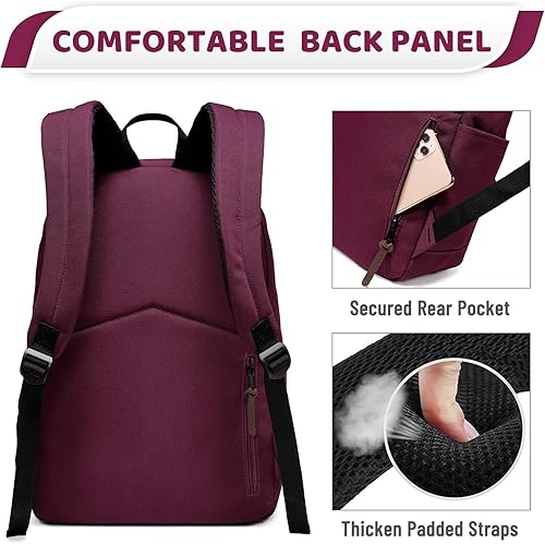 Miniatura 6 de VASCHY Mochila escolar, resistente al agua, ligera, informal, para hombres y mujeres, con funda acolchada para laptop, Borgoña, Computadora portátil