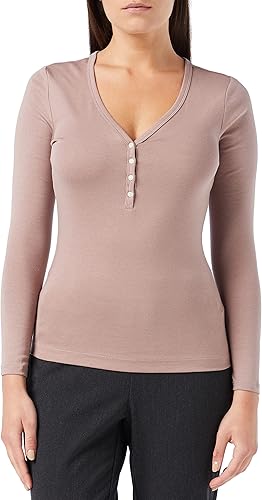 Tienda Essentials Camiseta de manga larga Henley de punto acanalado para mujer