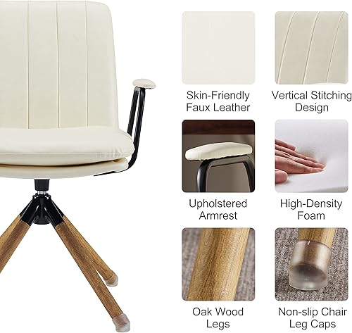 Miniatura 6 de Art Leon Silla de escritorio sin ruedas, moderna silla giratoria de mediados de siglo con patas de madera de roble, sillón de piel sintética para