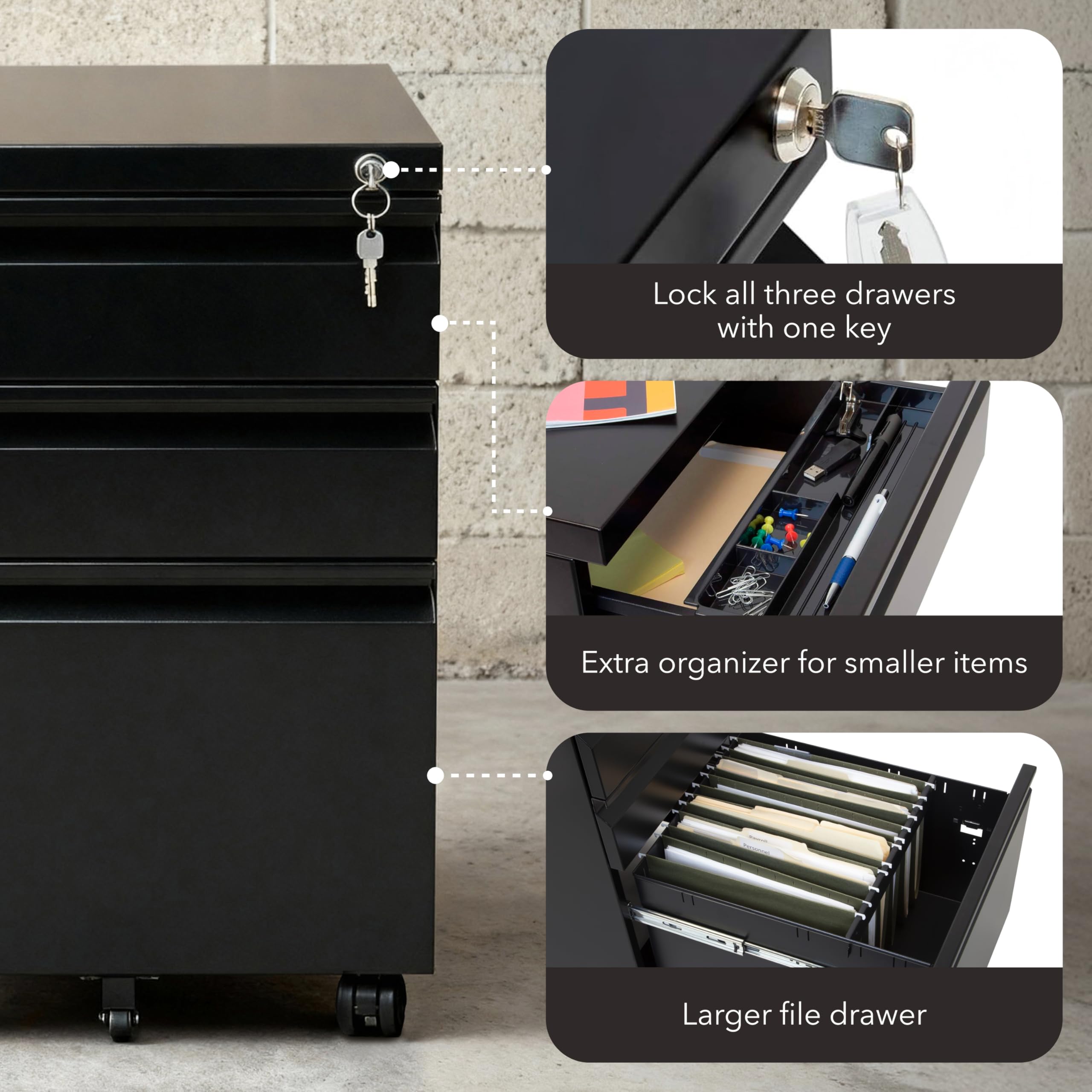 Mount-It 3 Drawer File Cabinet with Lock and Wheels Heavy-Duty Steel Rolling Drawer Cabinet Fully Assembled Under Desk — view 9