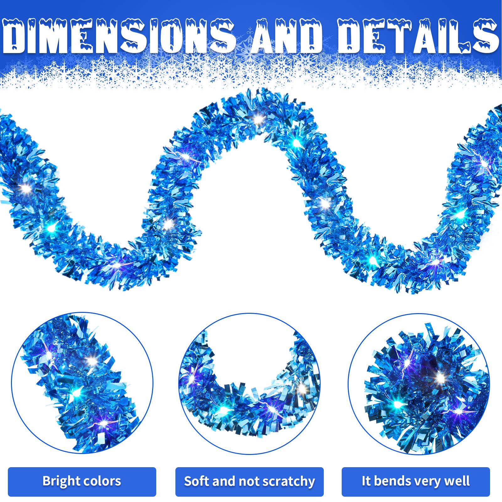 Hotop Guirnalda de oropel de 39.5 pies, guirnalda iluminada de Navidad, guirnalda metálica con purpurina LED con 180 luces para interiores y exteriores, decoraciones de Navidad de invierno (azul)