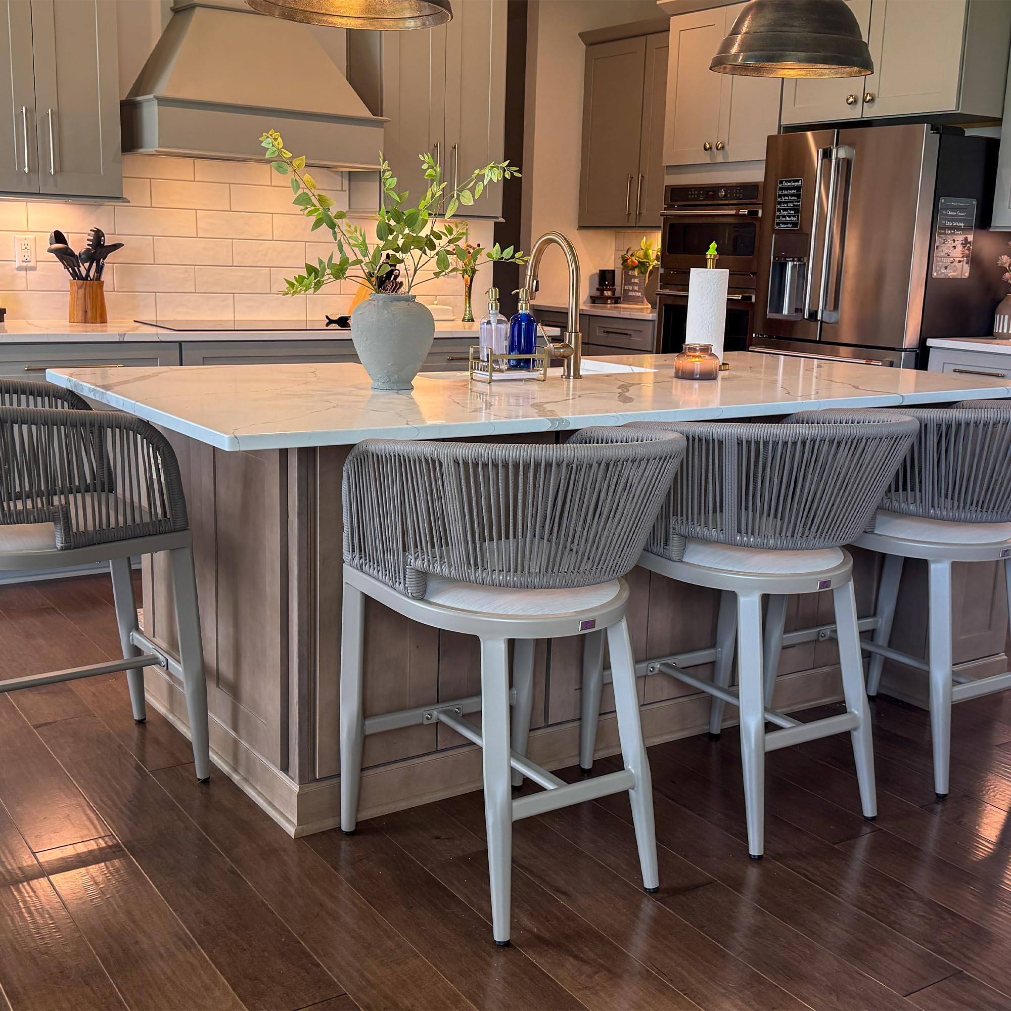 PURPLE LEAF Patio Counter Height Bar Stools Set of 4 Modern Aluminum Rattan Bar Chairs with Embedded Cushions and Hollowed-Out Back Outdoor Wicker