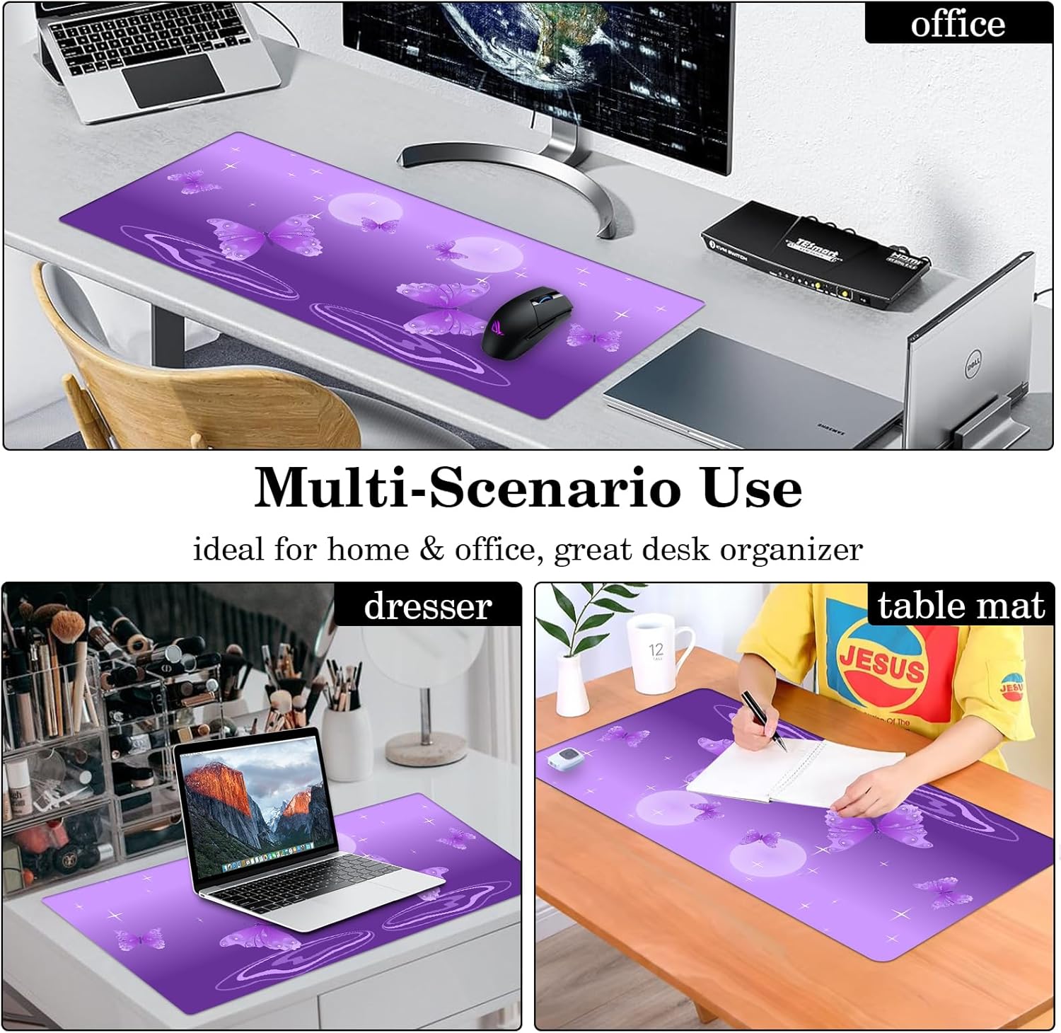 Star Moon Butterfly Desk Pad Protector, Stitched Edges Mouse Pad, Large Office Desk Mat, Non-Slip Desk Blotter, Laptop Desk Pad, Desk Writing Pad for Office and Home (31.5" x 15.7 ") - Image 8