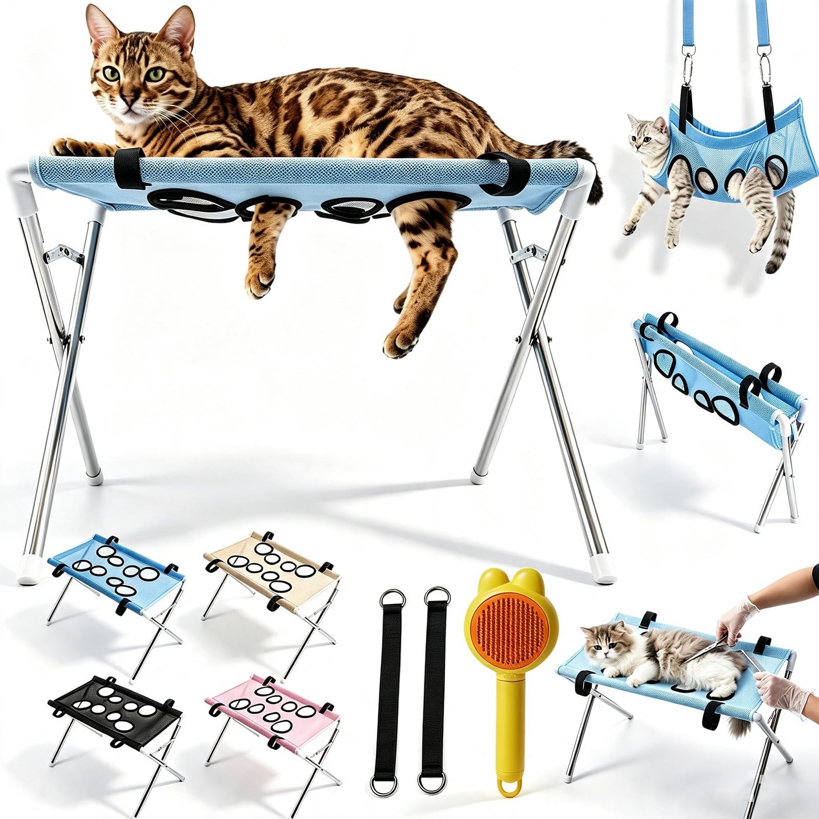 Pet Grooming Hammock with 8-Hole Hanging Harness, 2-in-1 Foldable (Blue)