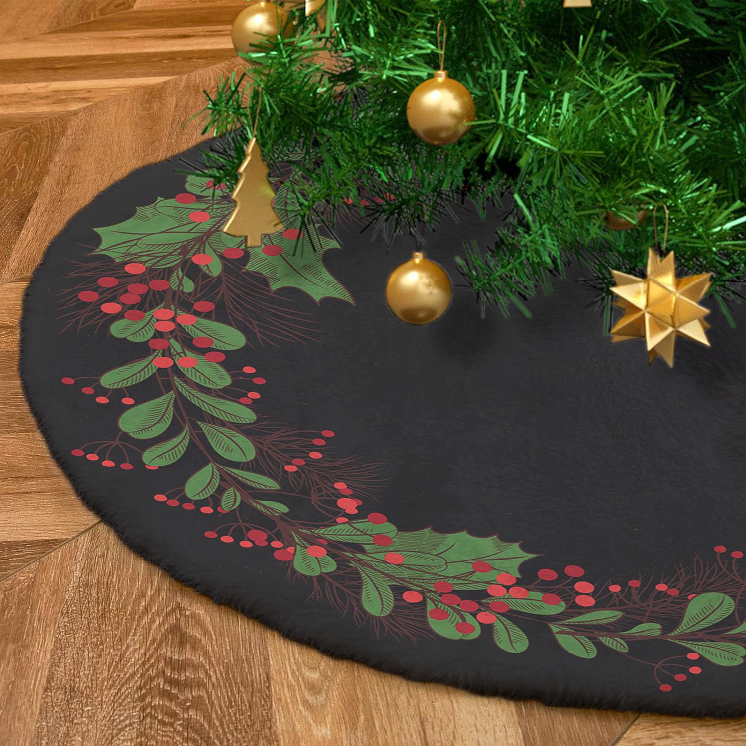 Kerstboomrok voor onder de kerstboom, groot, diameter 150 cm, rond, wit, pluche, kerstdecoratie, met klittenbandsluiting, model kersttakken [165