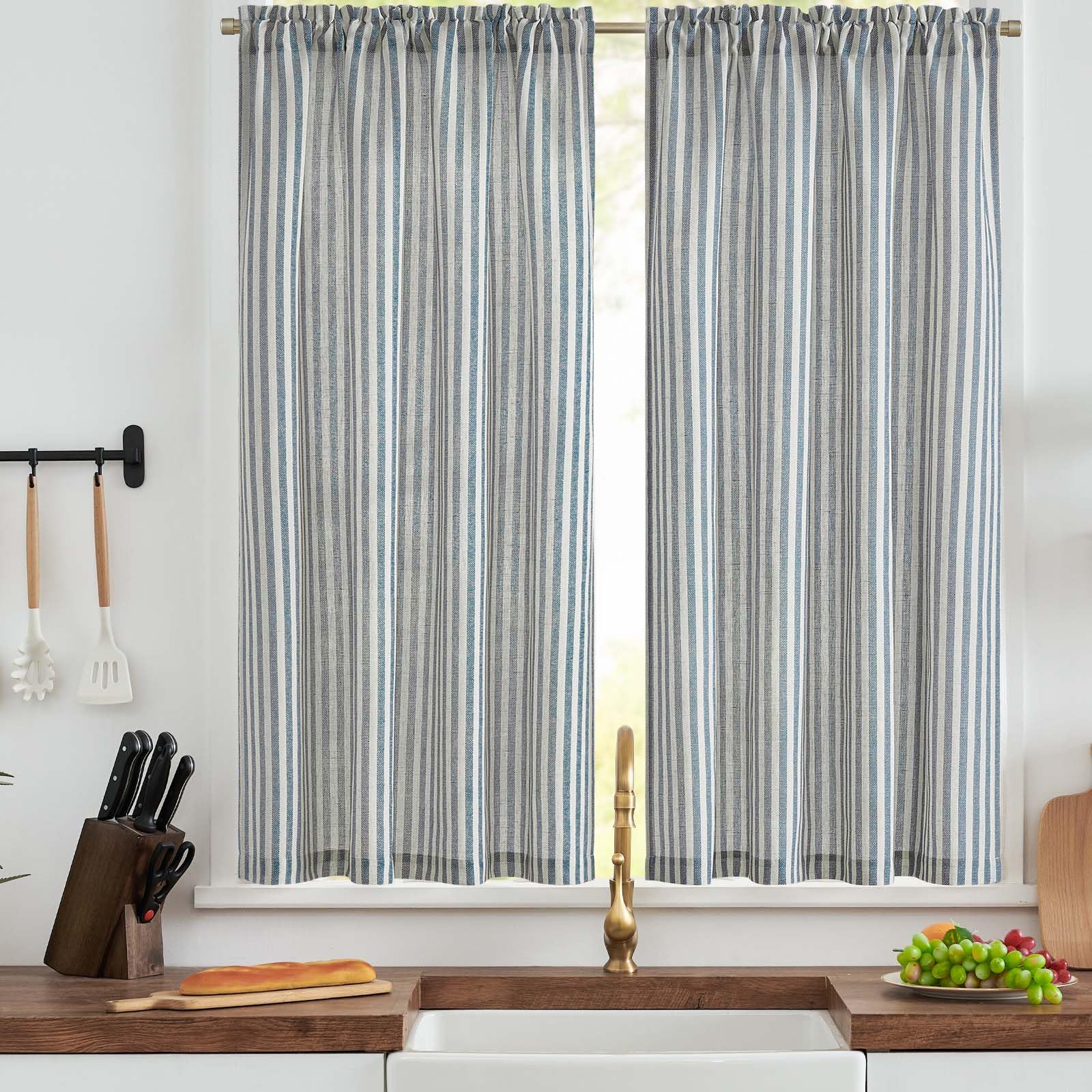 TOPICK Light Filtering Privacy Kitchen Cafe Curtains, W36xL54 Blue Striped — image 1