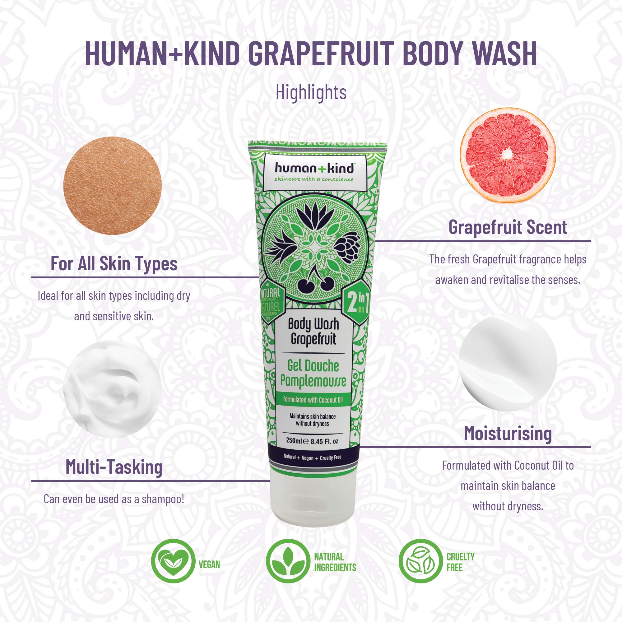Human+kind Body Wash | Nourishes Dry Skin With Coconut Oil | Sls-free, Gentle Enough for Hair & Scalp | Natural, Vegan Skin Care | Grapefruit Scent - 8.45 Fl Oz, 2count