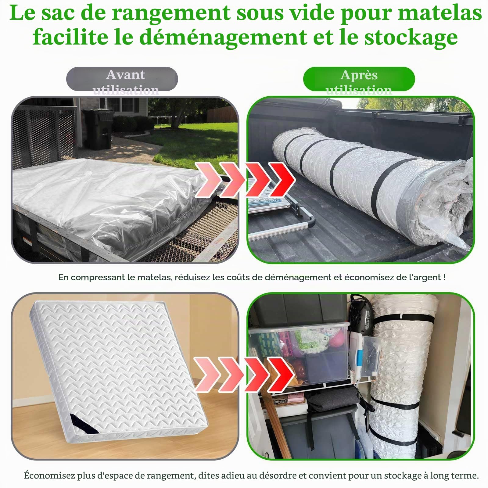 Sac de rangement sous vide pour matelas King size/Califonia King - Étanche - Double fermeture éclair - Sacs de rangement sous vide - Économie d'espace pour matelas en mousse à mémoire de forme et