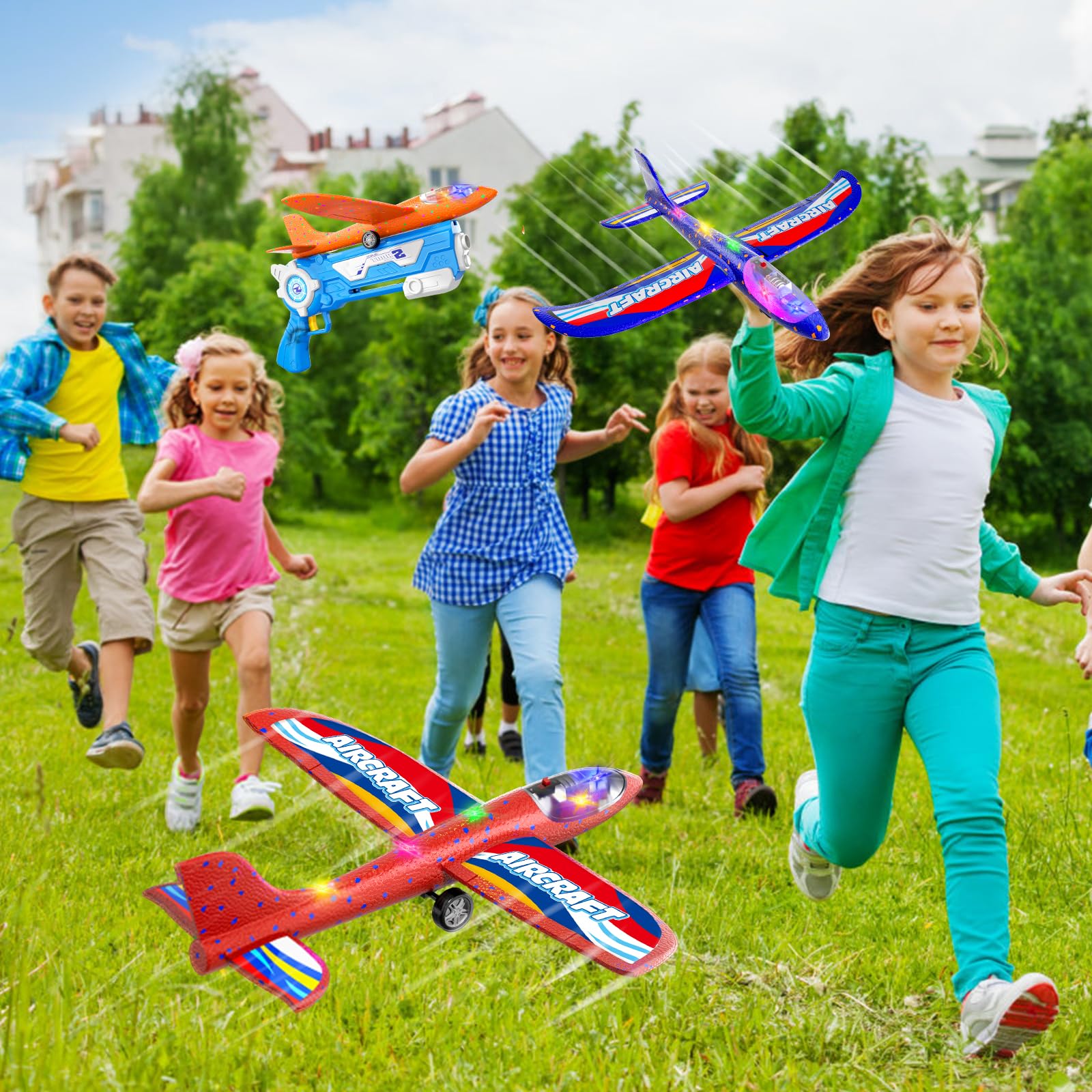 Doloowee 3 Avions Planeurs en Mousse, 2 Modes de vol, Jouets Volants d'extérieur avec Pistolet catapulte, Cadeaux pour garçons Filles de 4 5 6 7 8 9 10 11 12 Ans