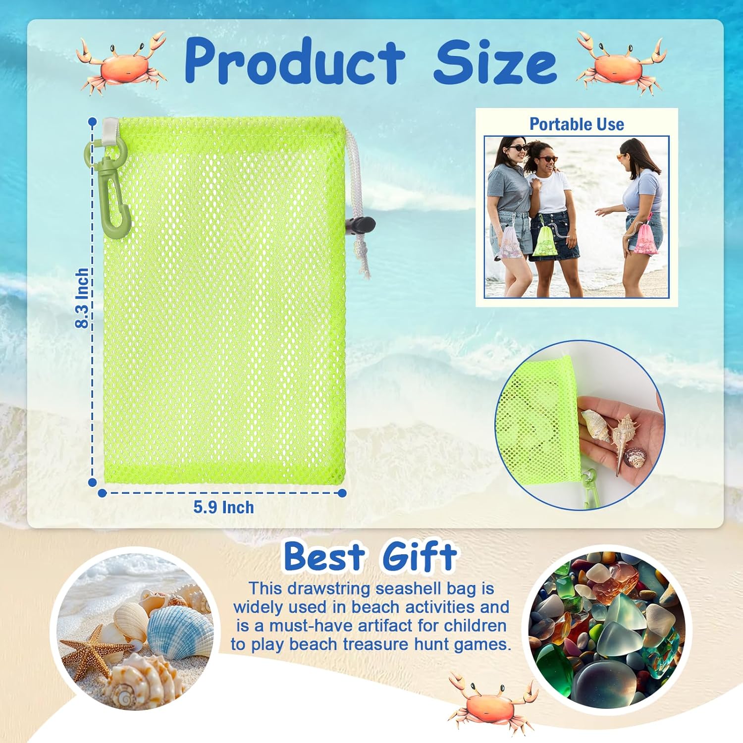 1 PC 5.9 x 8.3 Inch Green Mesh Beach Bags For Kids Seashell Bags With Clip And Toggle Closure For Beach And Box Toy With Toddler Must Haves Vacation Essentials(Only Bag) (Green)