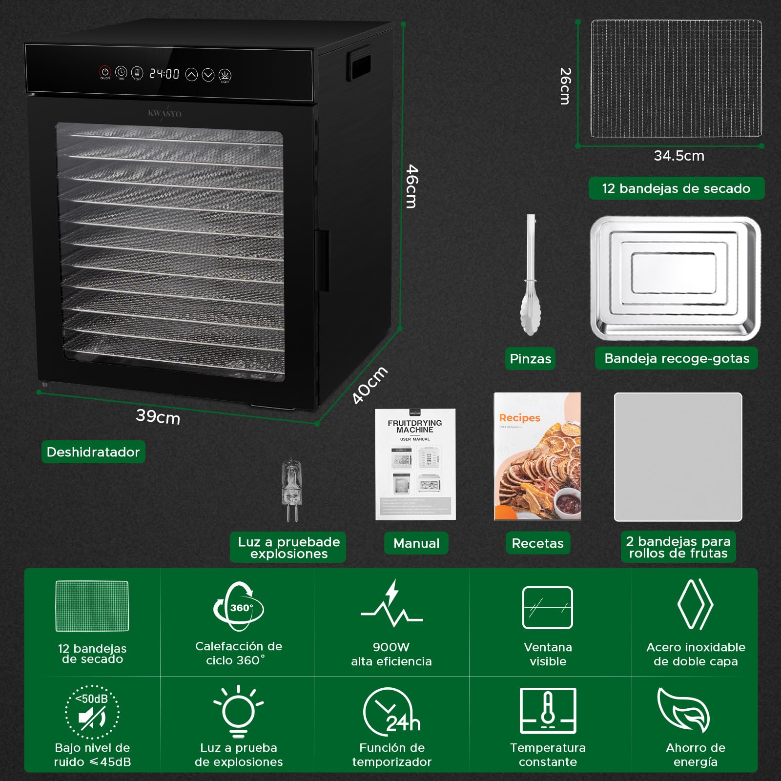 Kwasyo Deshidratador de Alimentos de 12 Bandejas de Acero Inoxidable, Todo en Negro, Estructura de Doble Capa, Gran Capacidad, Deshidratador para Frutas, Pescado, Verduras, Carne, Jerky, Hierbas