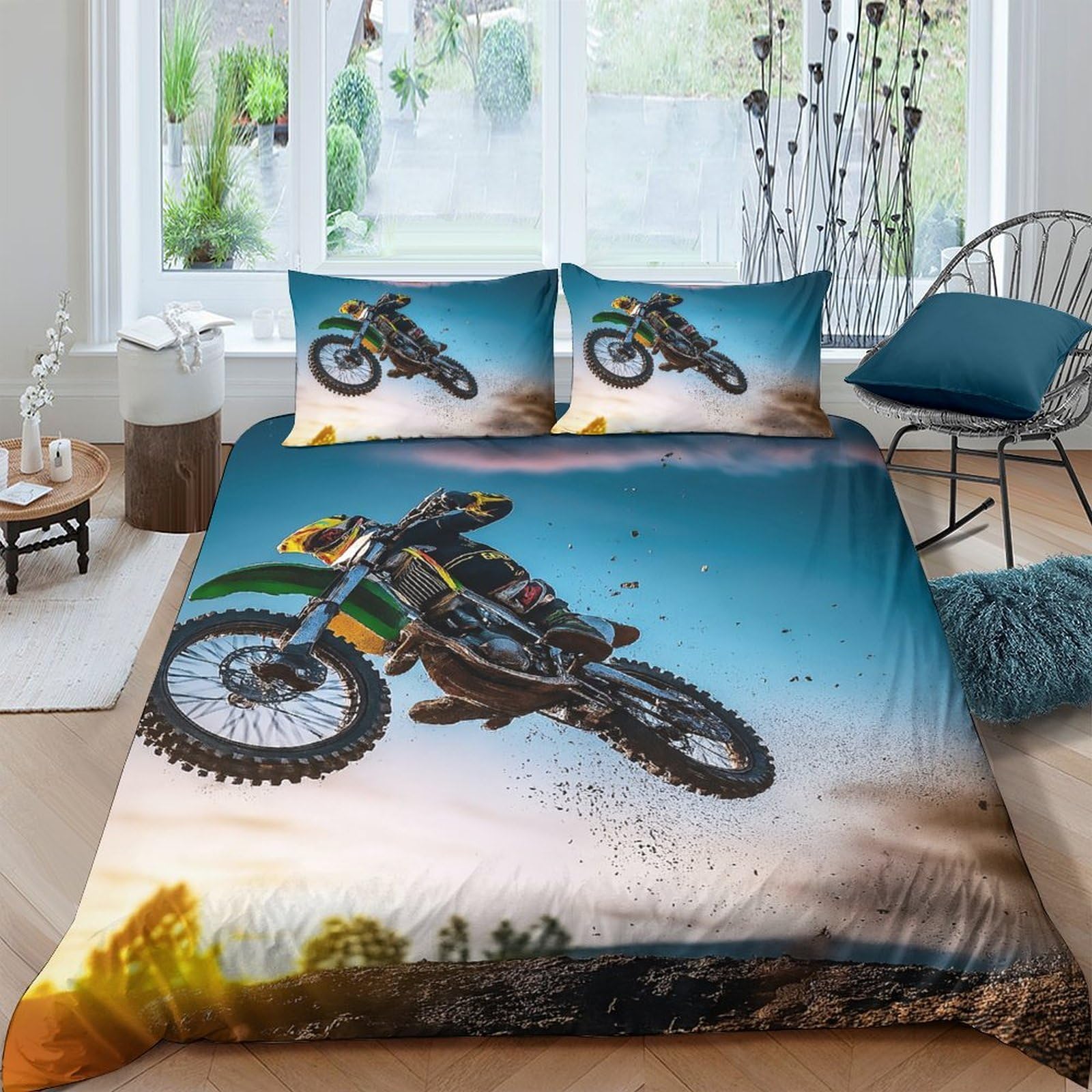 GPLZQXKJNH 3D Printed Motocross Adventure Duvet Cover Microfiber Soft Breathable Dirt Bike Bedding Set with 2 Pillowcases for Bedroom Decor Single（135x200cm）