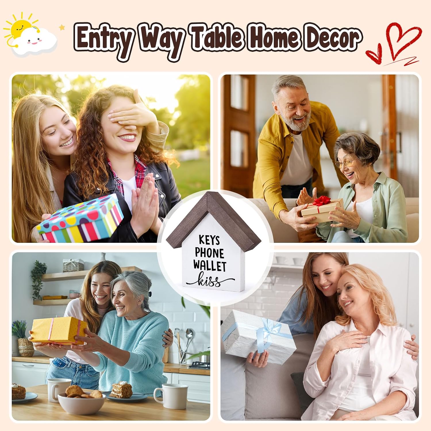 MBL Entryway Table Home Decor - Funny Keys Wallet Phone Kiss Reminder Wood Sign for Entry Way Decor Ideas Romantic Farmhouse Rustic Vintage Shelf Tiered Tray Living Room Centerpiece Decorations image 5
