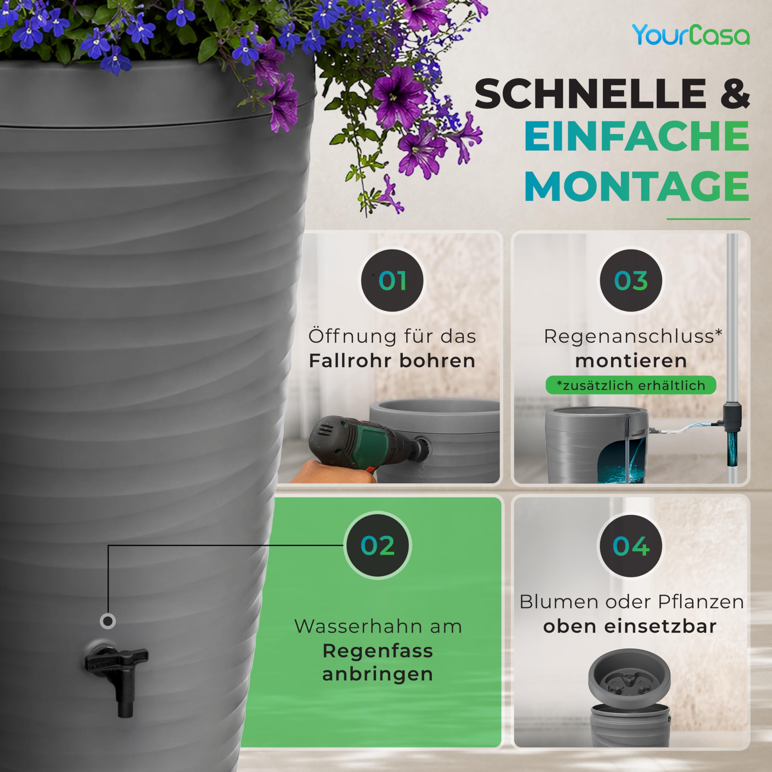 YourCasa Regentonne 240 Liter [Wave Design] Regenfass Frostsicher aus Kunststoff - Regenwassertonne mit Wasserhahn - Regenwassertank Garten Regenwassersammler Wasserfass Regentonne schmal (Grau)