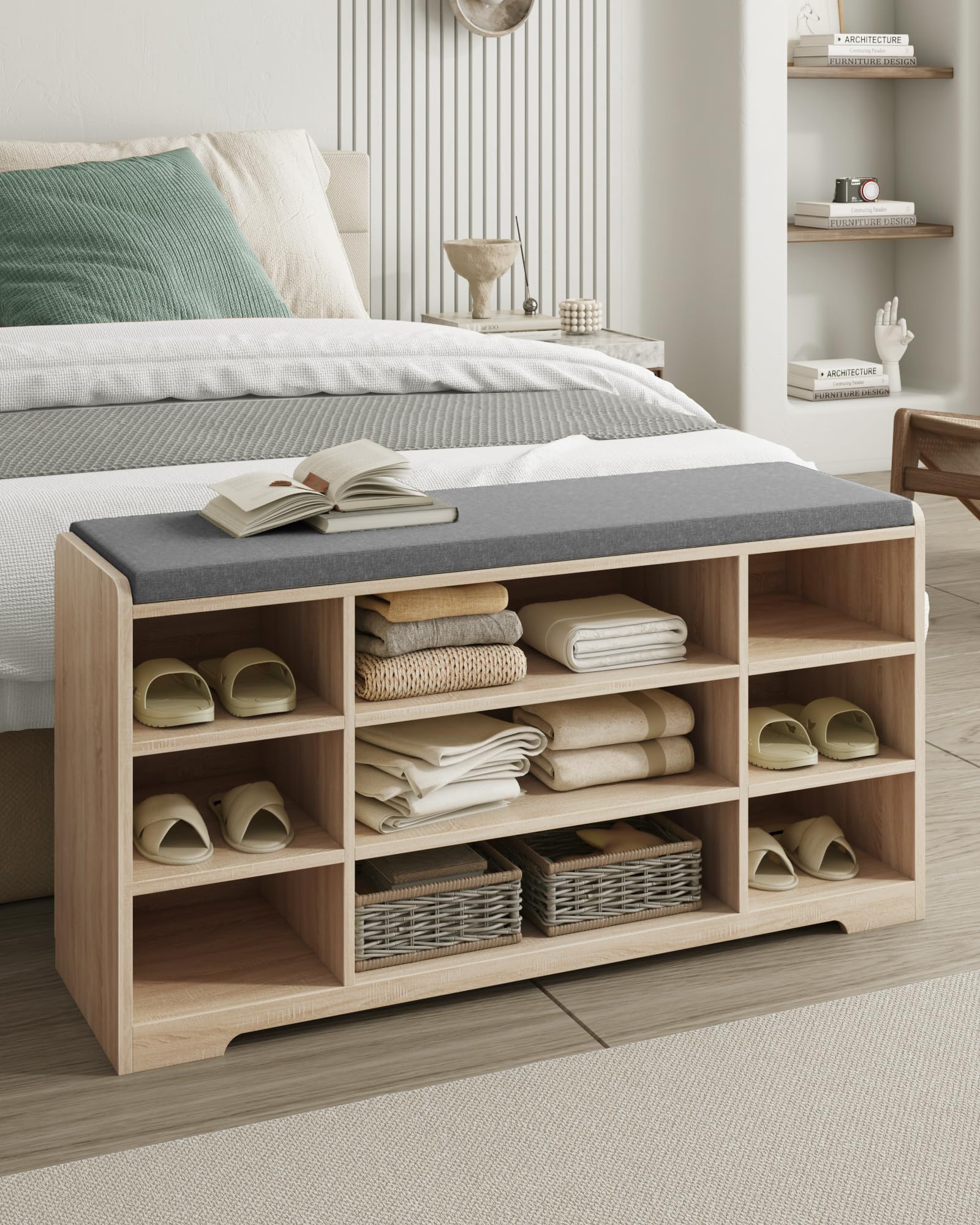 HzuaneriBanc à Chaussures, 9 Compartiments, Ivoire Clair | Meuble de Rangement Chaussures réglable, Assise Rembourrée, pour Entrée, l'entrée, la Chambre, SB10016GY
