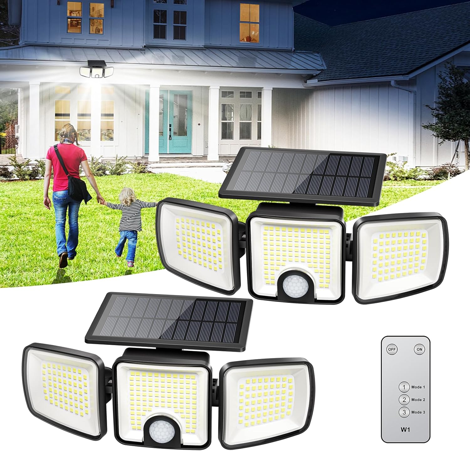 Brightown 2 Pack Solar-Security-Flood-Outdoor-Lights-with-Motion-Sensor, 223 LED 3 Head 270° Angle Street Area Security Lights with Remote, IP65 Waterproof Wall Lights with 3 Modes for Yard Outside