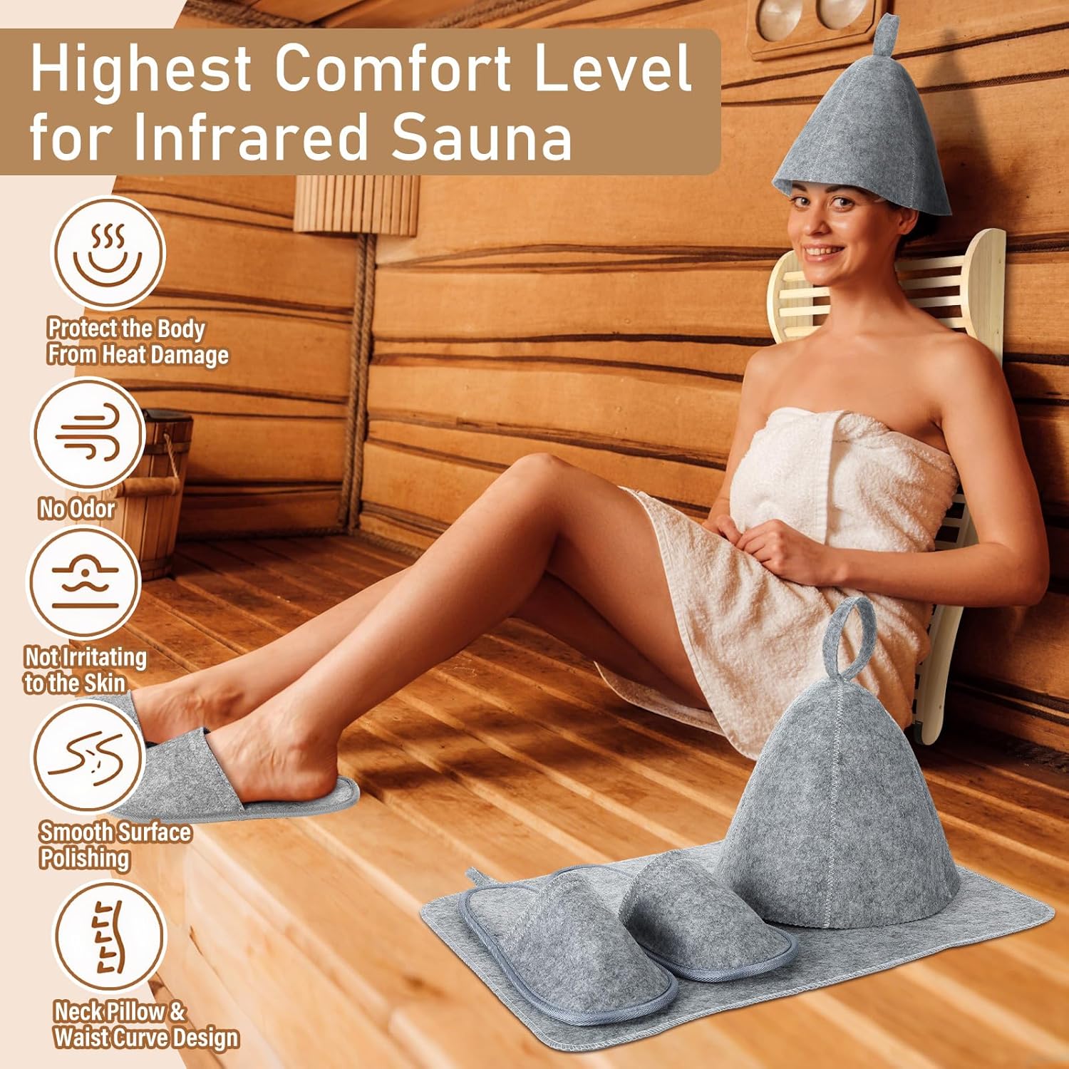 4 Pcs Sauna Backrest Accessories Added Adjustable Pillow Sauna Seat, Felt Hat, Seat Pad and Slippers, Bamboo Backrest Infrared Accessories for Comfort Lying or Leaning Steam Bath Bathroom