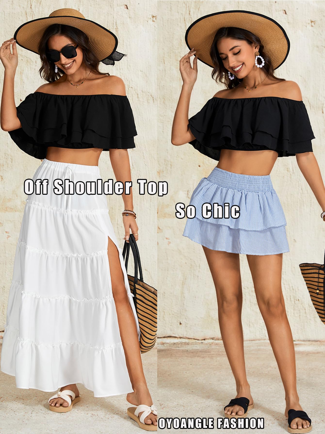 OYOANGLE Women's Off Shoulder Short Sleeve Ruffle Blouse Summer Vacation Crop Tops