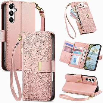 for Samsung Galaxy A17/A16/A26 4G/5G Phone Case Wallet, Pink | Built-in Card Holder 8-10 Cards, Zipper Pocket, Wrist Strap, Stand Kickstand, Flower PU Leather Protective Phone Case Women