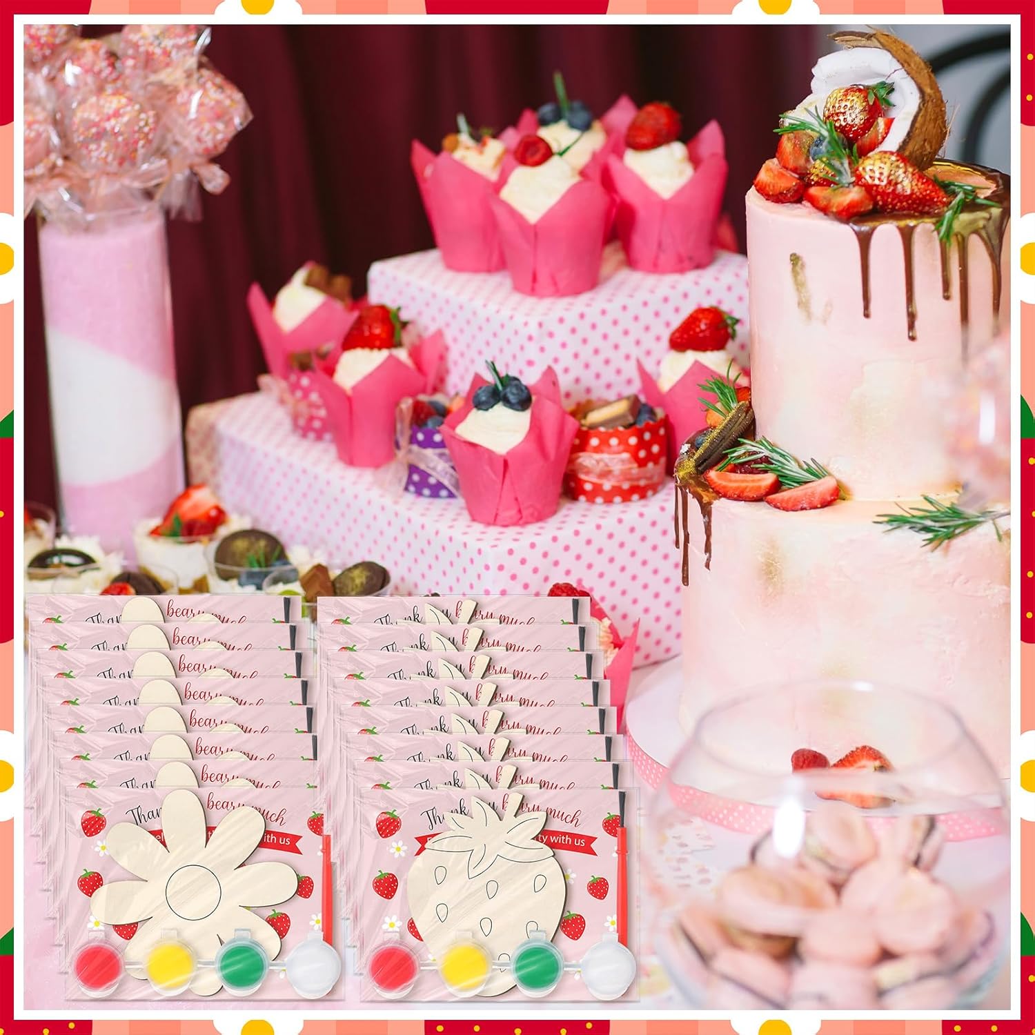 Marspark 48 Sets Strawberry Party Favors for Adult Unfinished Wooden Crafts Bulk to Paint DIY Strawberry Daisy Wood Painting with Cards Daisy Centerpieces Decorations