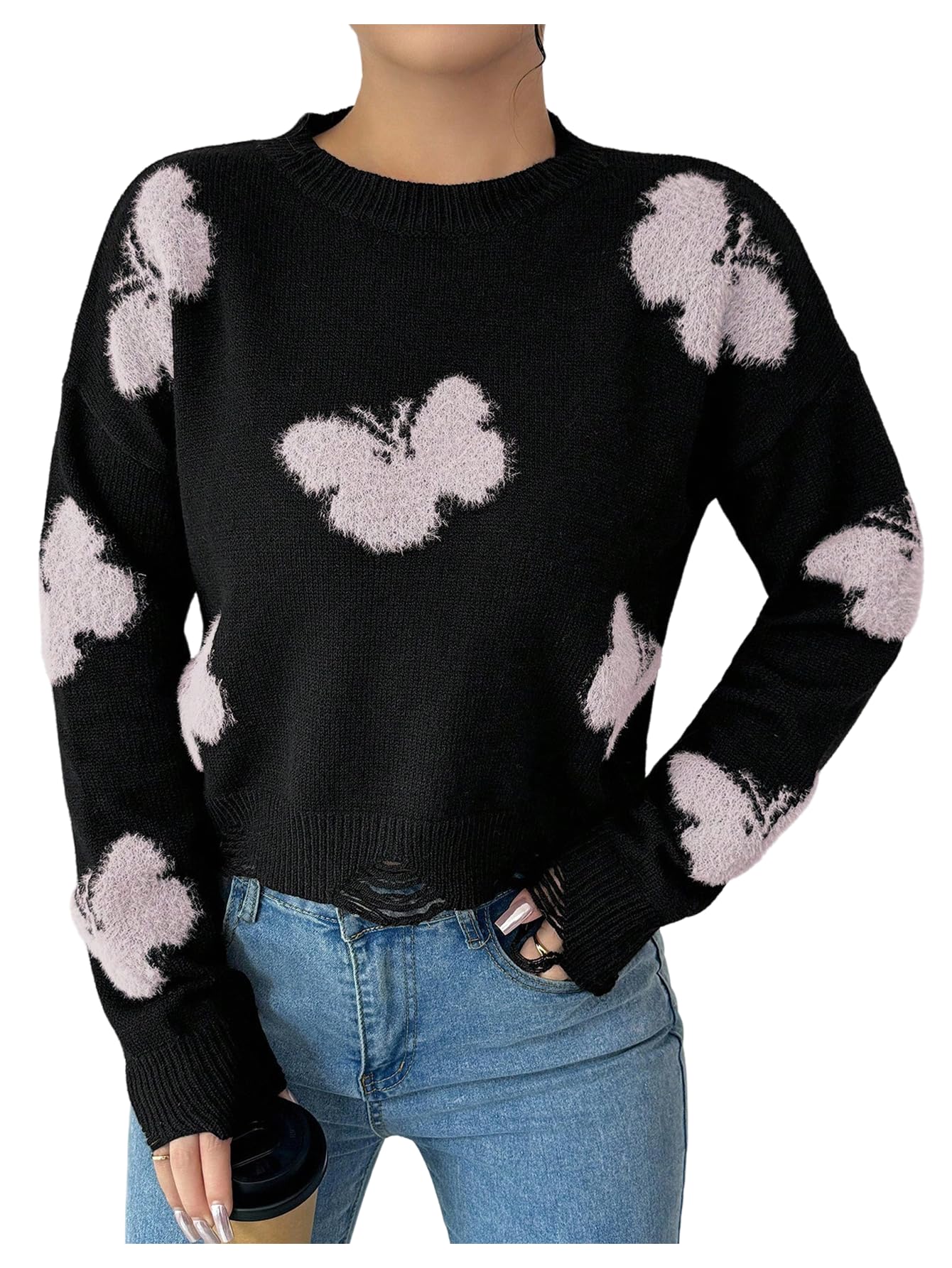 Verdusa Womens Butterfly Ripped Y2k Crop Sweater Crew Neck Graphic Pullover Knit Tops Fall Clothes
