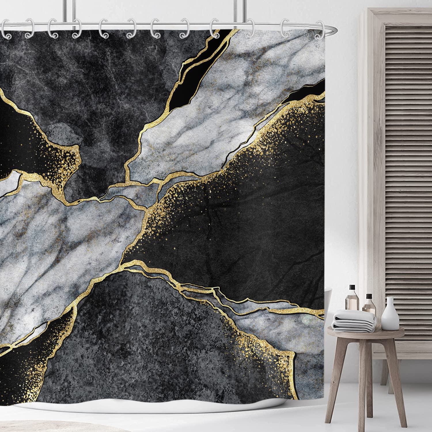 ASDCXZ Shower Curtain Marble 120x180 cm, Modern Black Grey Gold Natural Marble Optic Texture Washable Bath Shower Curtains Waterproof Polyester Textile Shower Curtain for Bathtub with 8 Hooks โ image 1