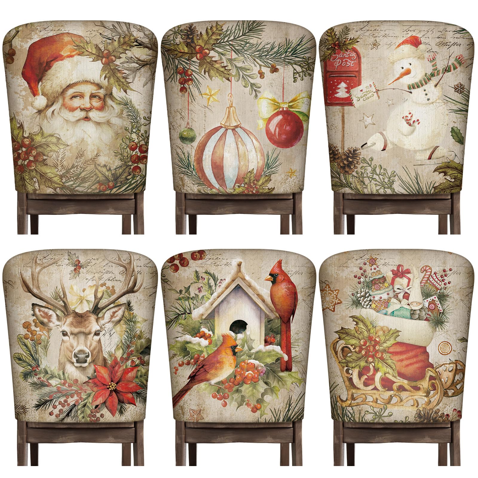 Moukeren 6 Pcs Christmas Chair Cover Set Stretch Dining Chair Back Covers Vintage Christmas Santa Claus Elk Slipcovers Farmhouse Removable Elastic