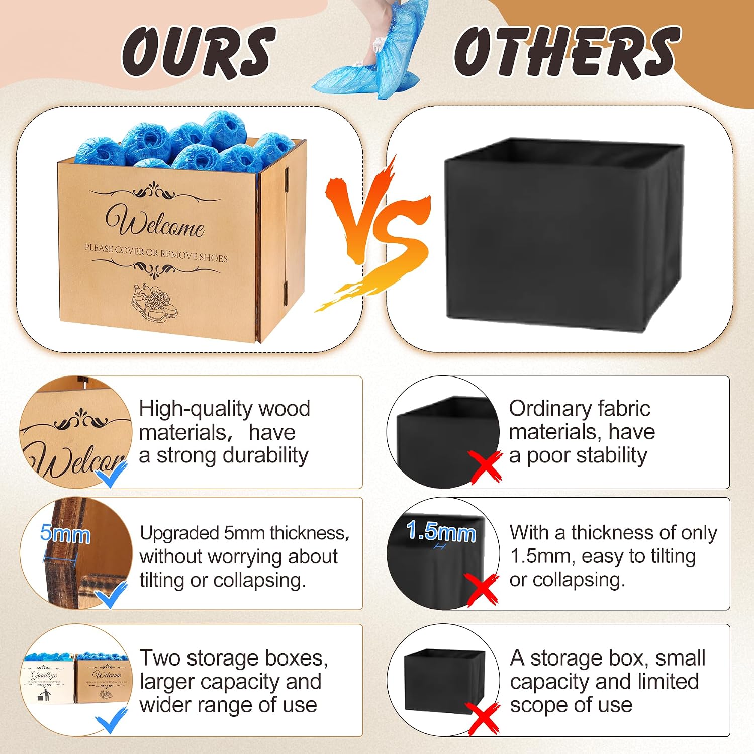 Luxiv 2Pack Wood Disposable Shoe Cover Box, Foldable Shoe Cover Dispenser for Open House Supplies with Welcome and Goodbye Storage Bins Set