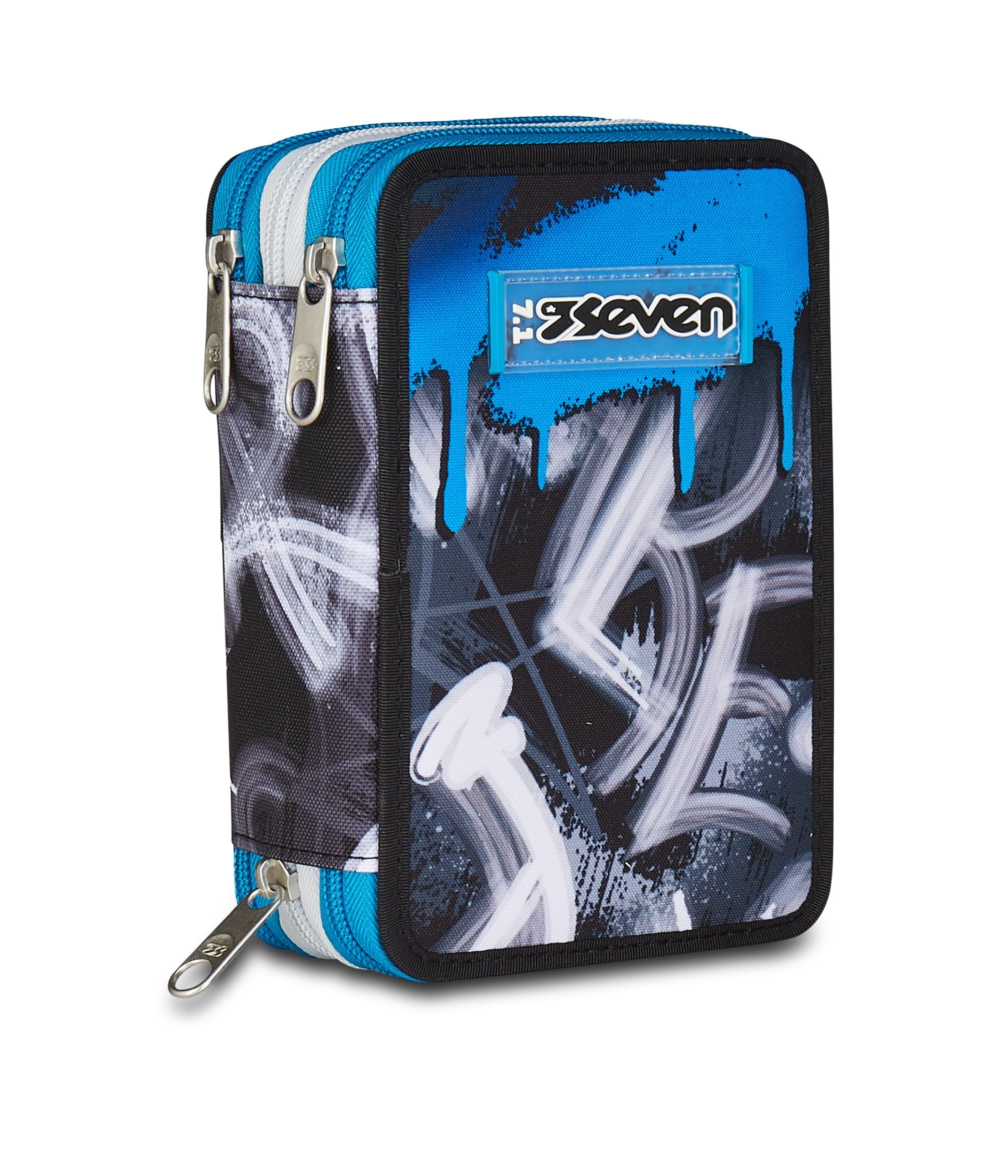 Seven Astuccio Scuola 3 Zip Portapenne Triplo Scomparto Grigio Azzurro