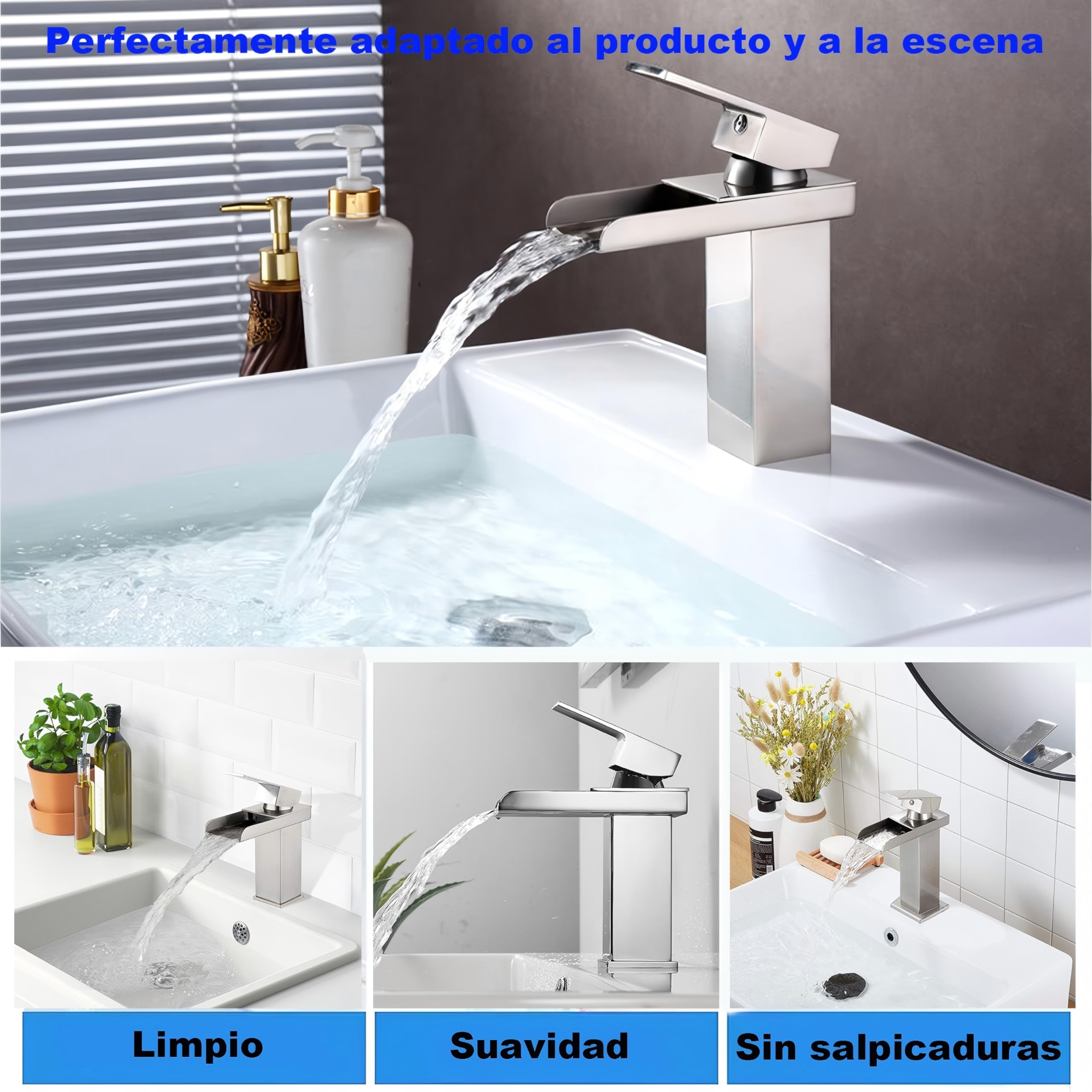 Grifo de baño de cascada de acero inoxidable y latón, ahorro de agua, grifo de lavabo con salida caliente y fría, grifo monomando (cepillado)