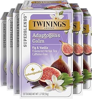 Twinings Superblends Adaptogens Calm with Ashwagandha Fig & Vanilla Flavoured Herbal Tea, Naturally Caffeine-Free, 18 Tea Bags (Pack of 6), Enjoy Hot or Iced, 108 Teabags