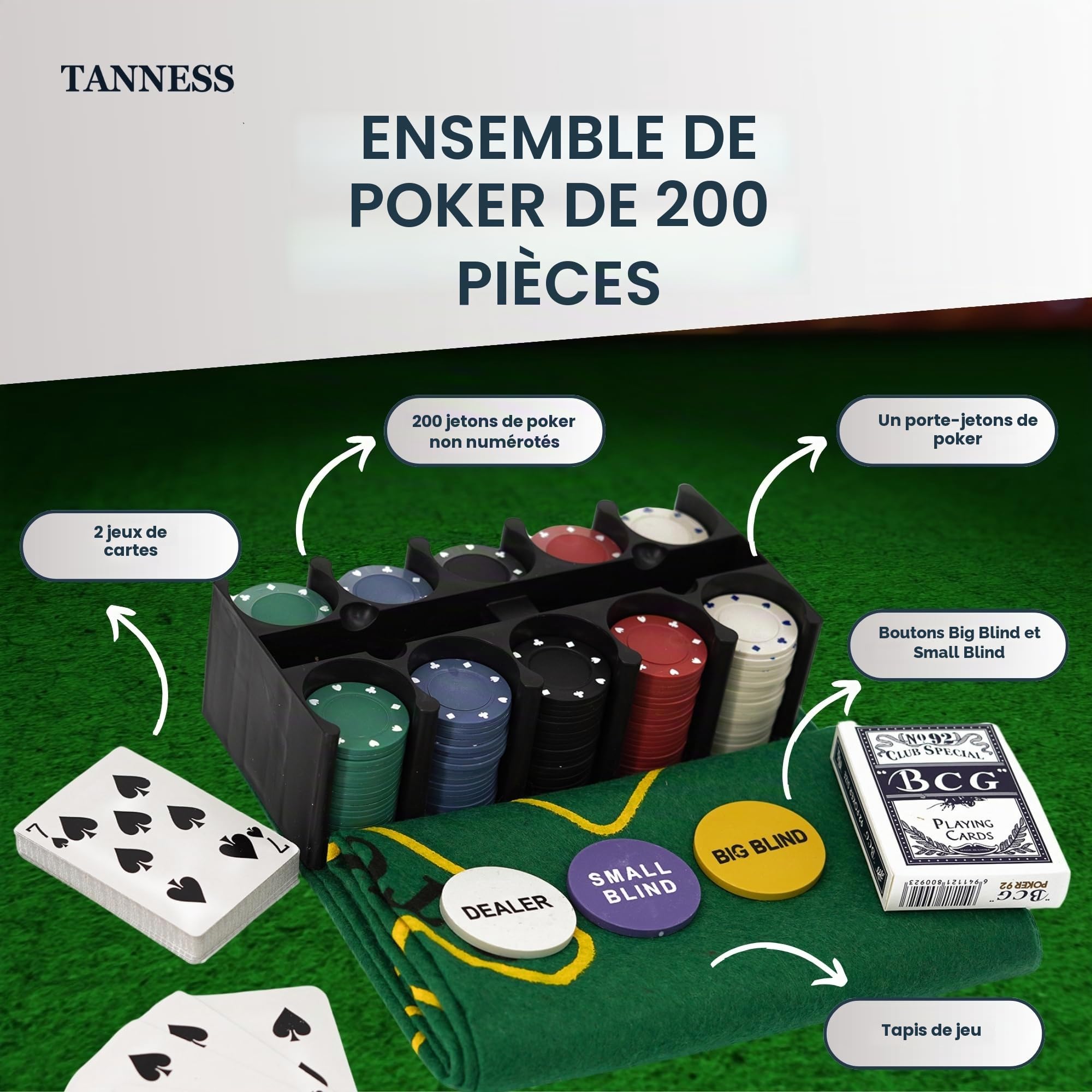 Tanness Coffret Poker 200 Jetons de Poker avec Tapis de Jeu de Poker et Boîte Métal - Set Casino Texas Hold’em et Blackjack - Jeu de Poker avec Jetons Poker, Cartes à Jouer et Accessoires