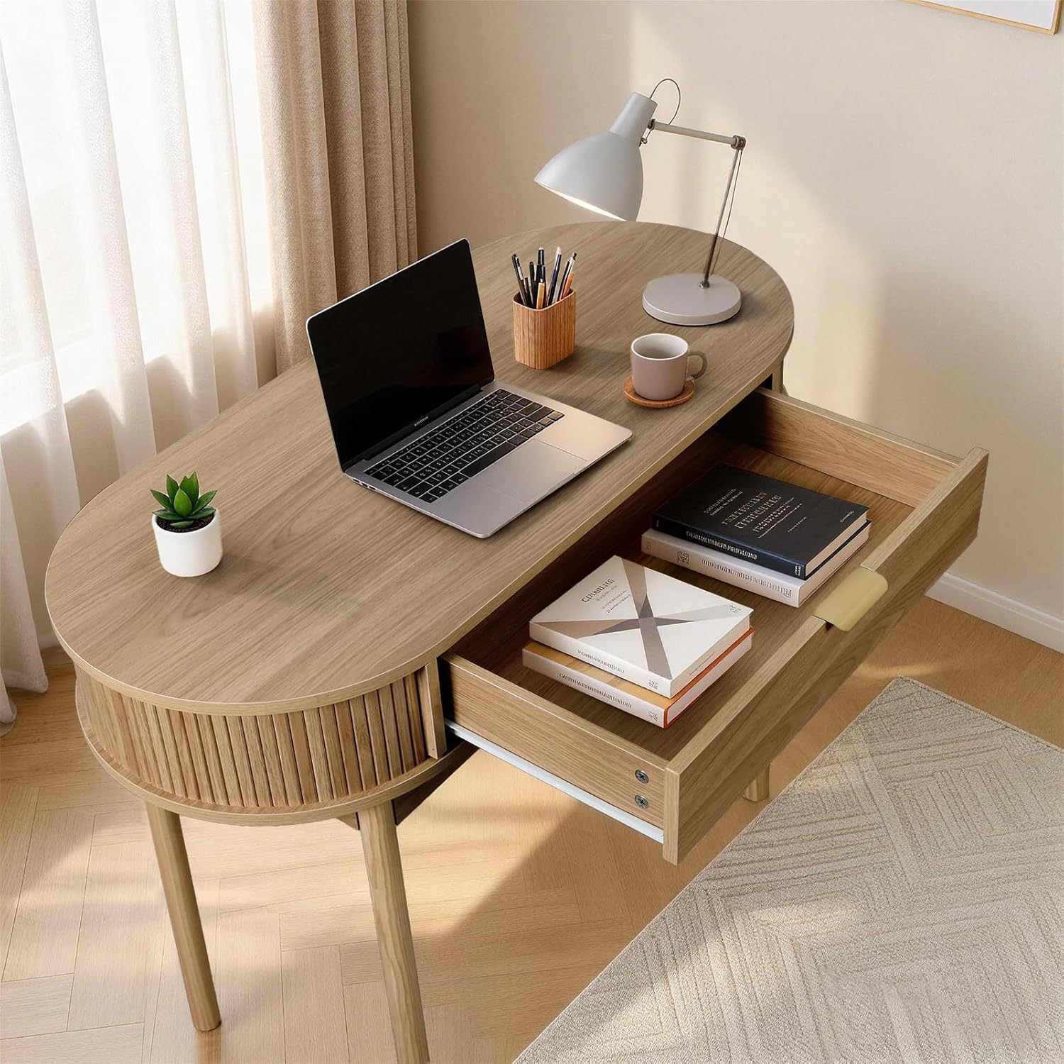 Fluted Small Computer Desk with Drawer, 40 Inch Mid-Century Modern Writing Desk with Solid Wood Legs,Compact Study Table for Small Spaces, Home Office, Bedroom,Walnut