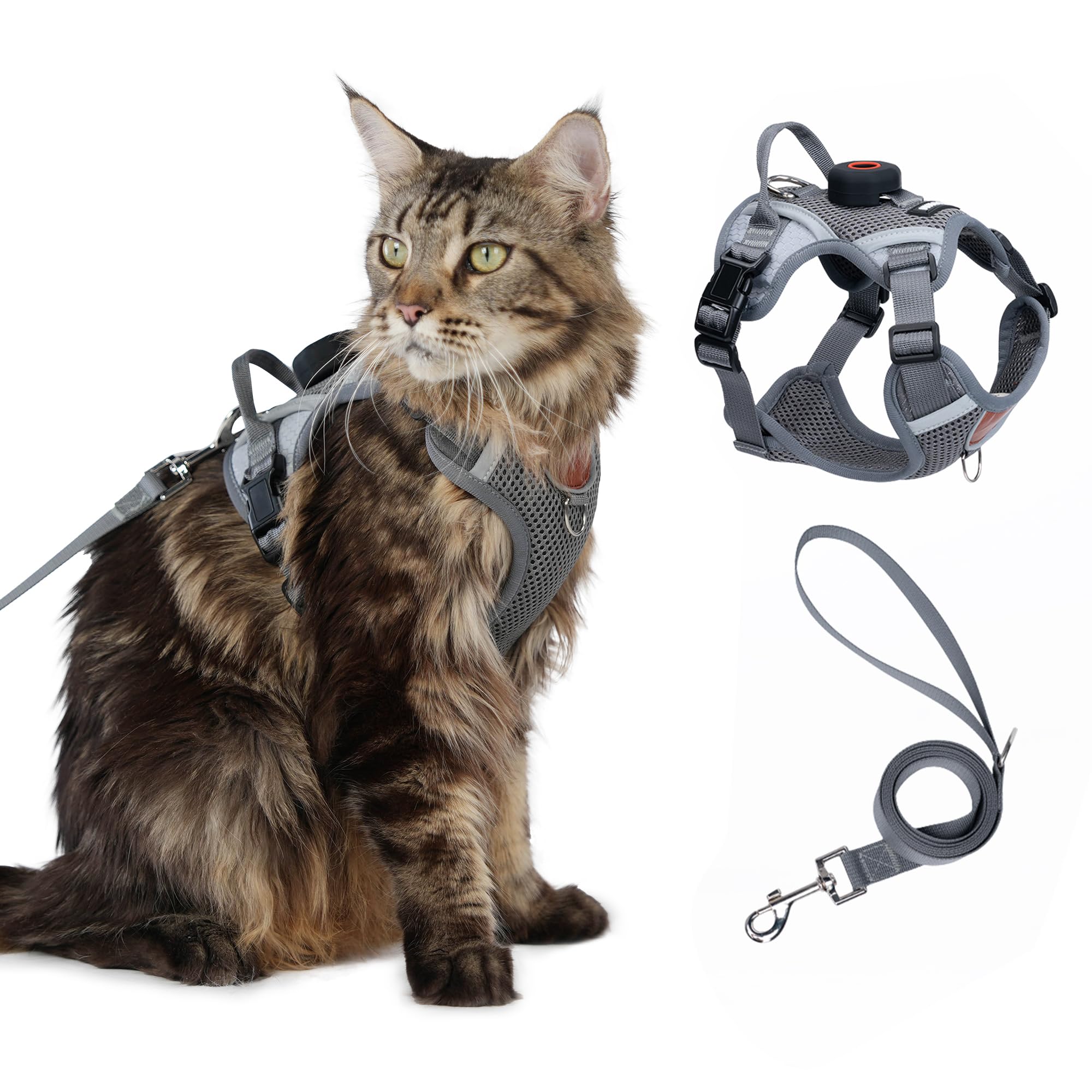 Cat Harness and Leash Set with AirTag Holder: Escape Proof Upgraded Vest with Lead for Small Cat Kitten Puppy Walking，Soft Breathable Mesh Coat with Reflective Strip, Grey, S