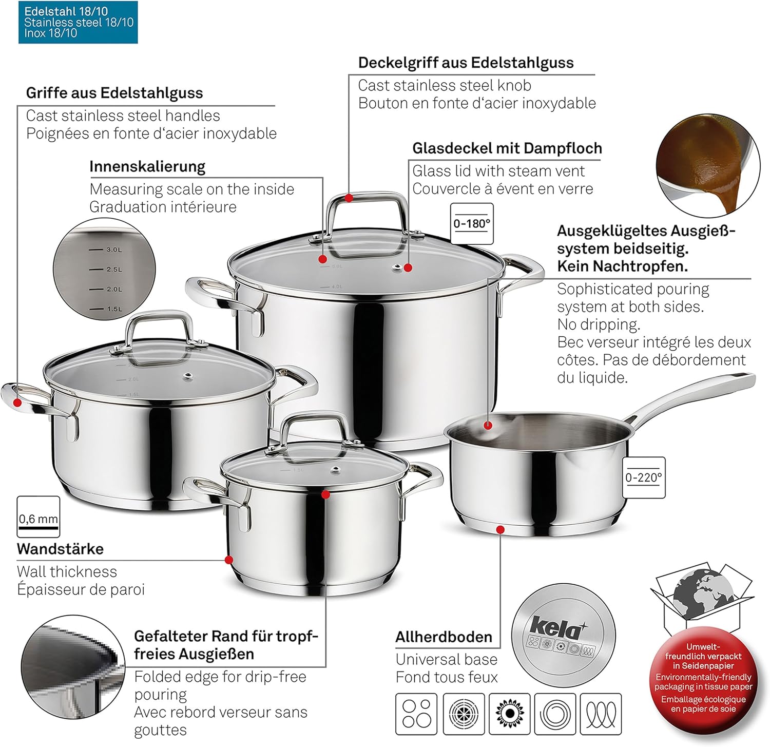 kela Kitchen Cookware Set, Stainless Steel, 7-Piece Kitchen Set, Optimal Heat Distribution, Flavoria Collection