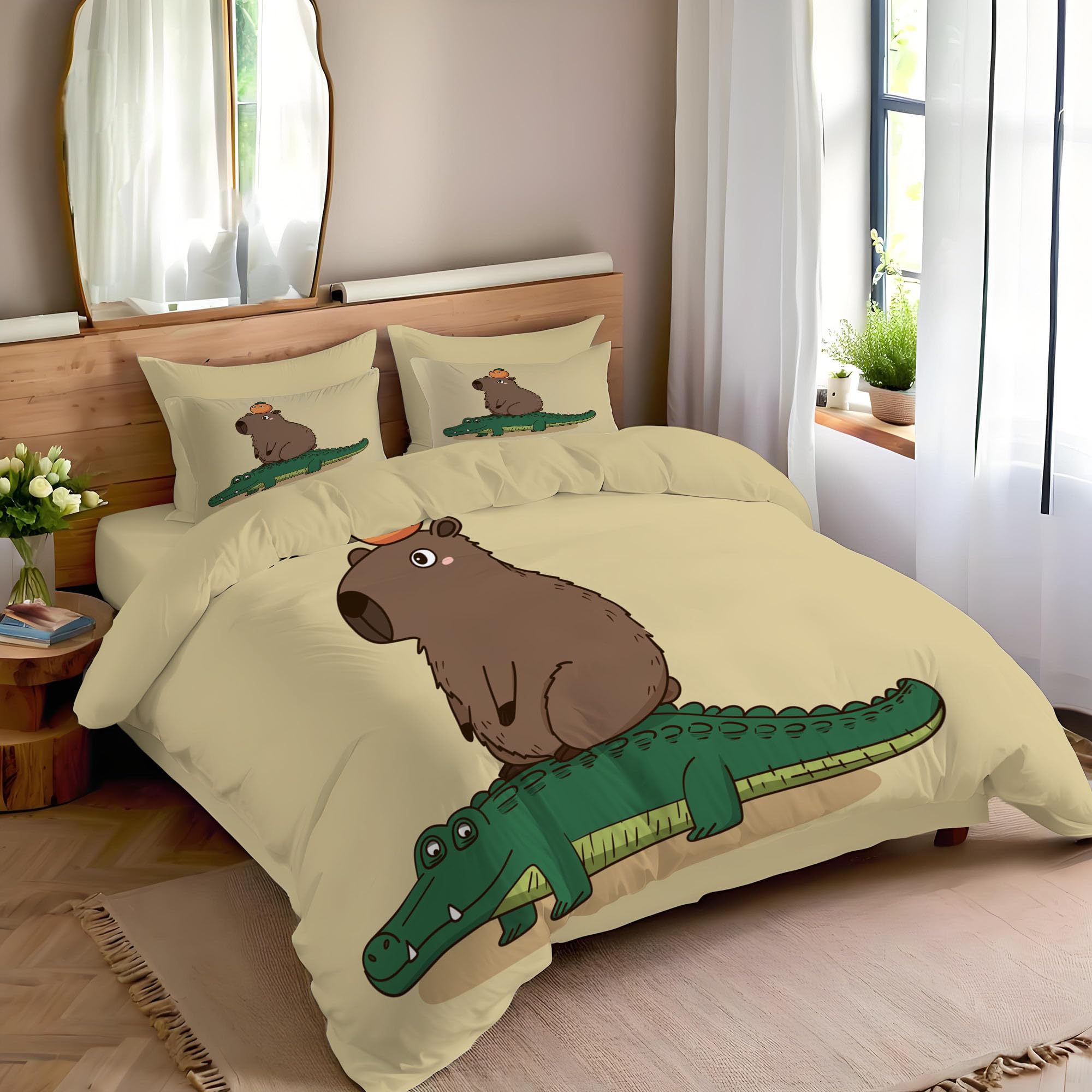 Housse de couette dessin animé 240x260 en microfibre avec motif crocodile capybara et fermeture