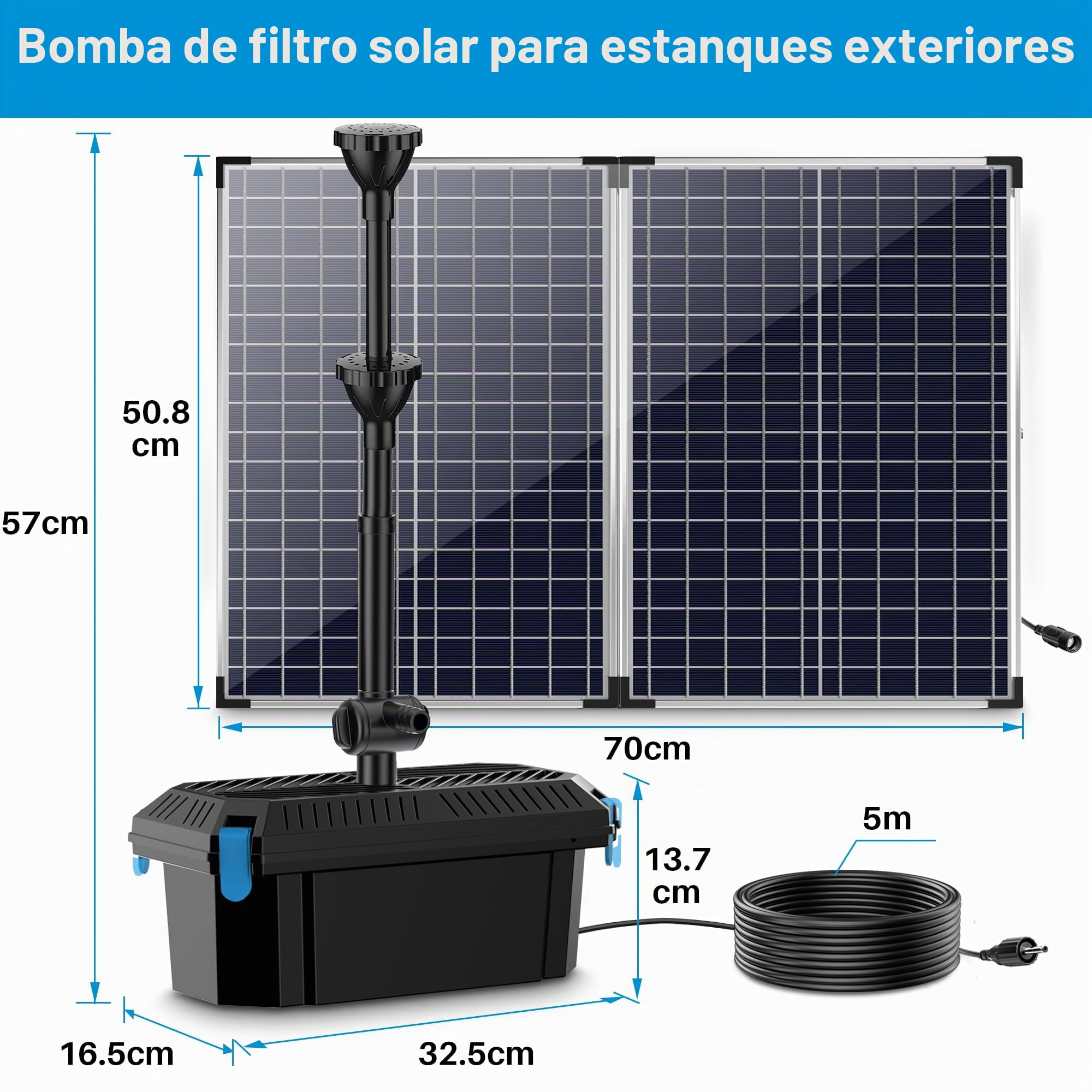 Biling - Bomba solar para estanque (70 W, filtro de 2500 l/h, kit completo biológico para estanque de jardín, piscina, exterior, circulación de agua, agua limpia