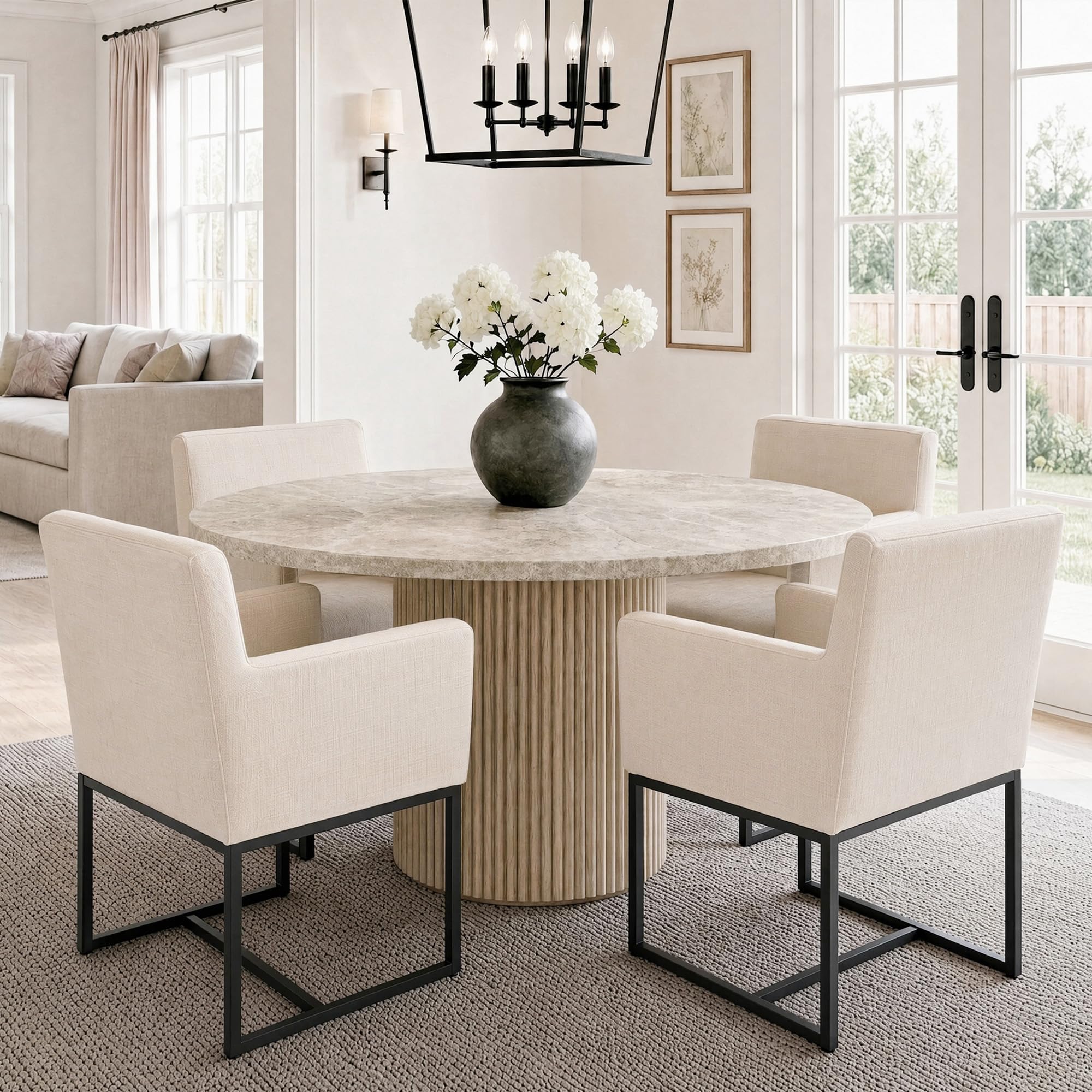 HNY Mid Century Modern Upholstered Dining Chairs with Arms Set of 4, Linen Accent with Black Finish Metal Frame, 19'' Wide for Living Room Kitchen Bedroom, Cream, Cream-linen-black Frame