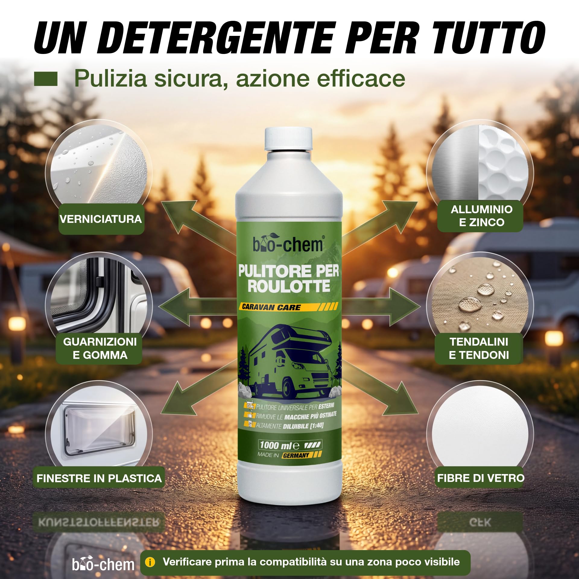 bio-chem - Prodotto per la Pulizia di roulotte e Camper 1L + spruzzatore di Schiuma 1,5L - Detergente per Caravan, Tende da Sole - Manutenzione dei Veicoli da Campeggio