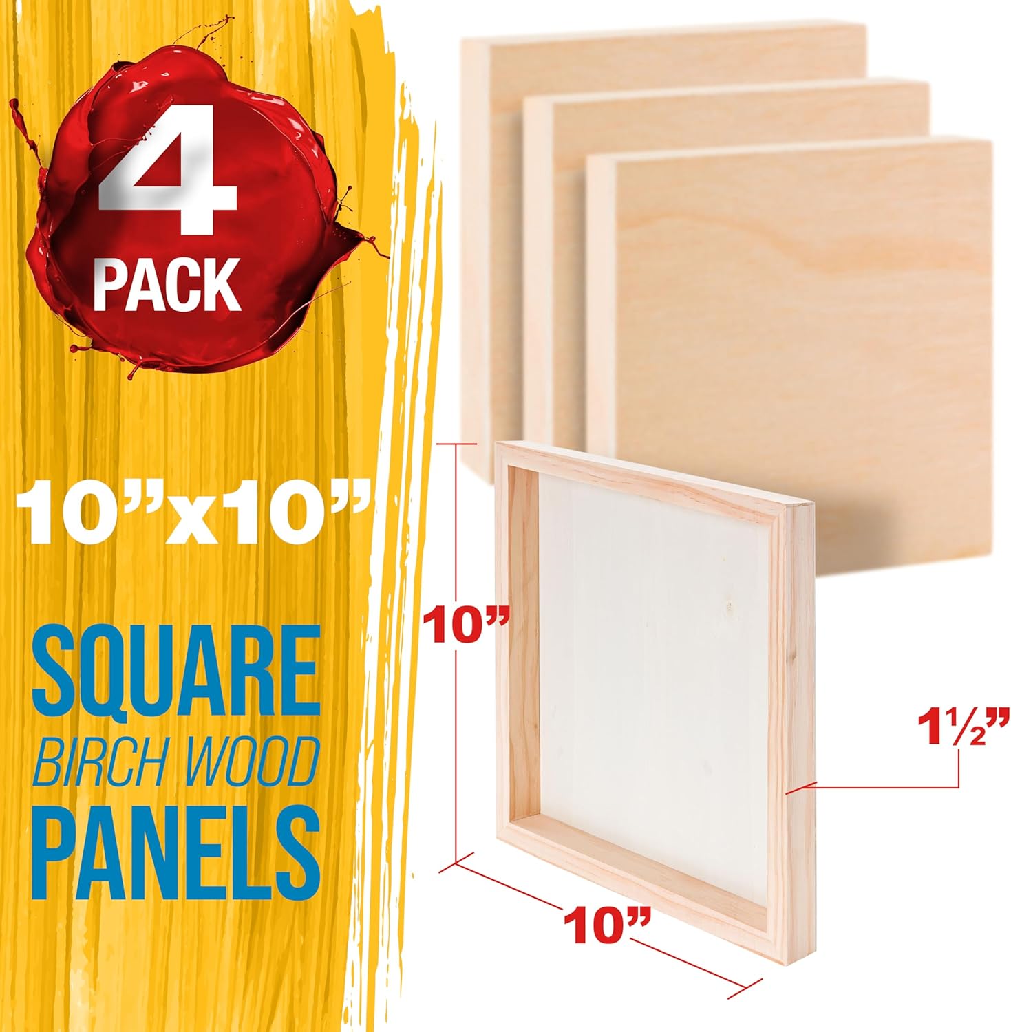 U.S. Art Supply 10" x 10" Unfinished Cradled Wood Panels for Painting, Gallery 1-1/2" Deep (4 Pack) - Artist Depth Birch Wooden Wall Canvases - Mixed-Media Craft, Acrylic, Oil, Paint Pouring