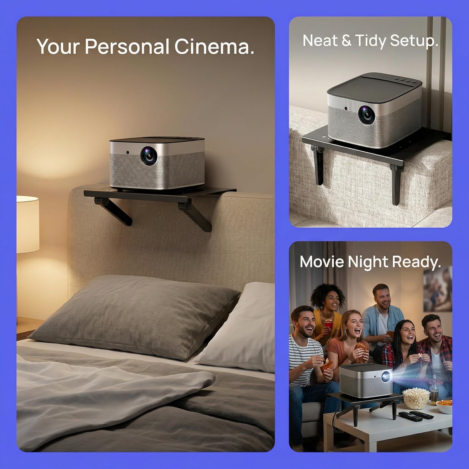 No-Drilling Projector Wall Mount Shelf, Adjustable Foldable Metal Stand with Perforated Tray, 44 lb Load, Removable Legs for Wall Setup, 3-Level Height, 10.59×8.19 in, Space-Saving Bedside/Sofa