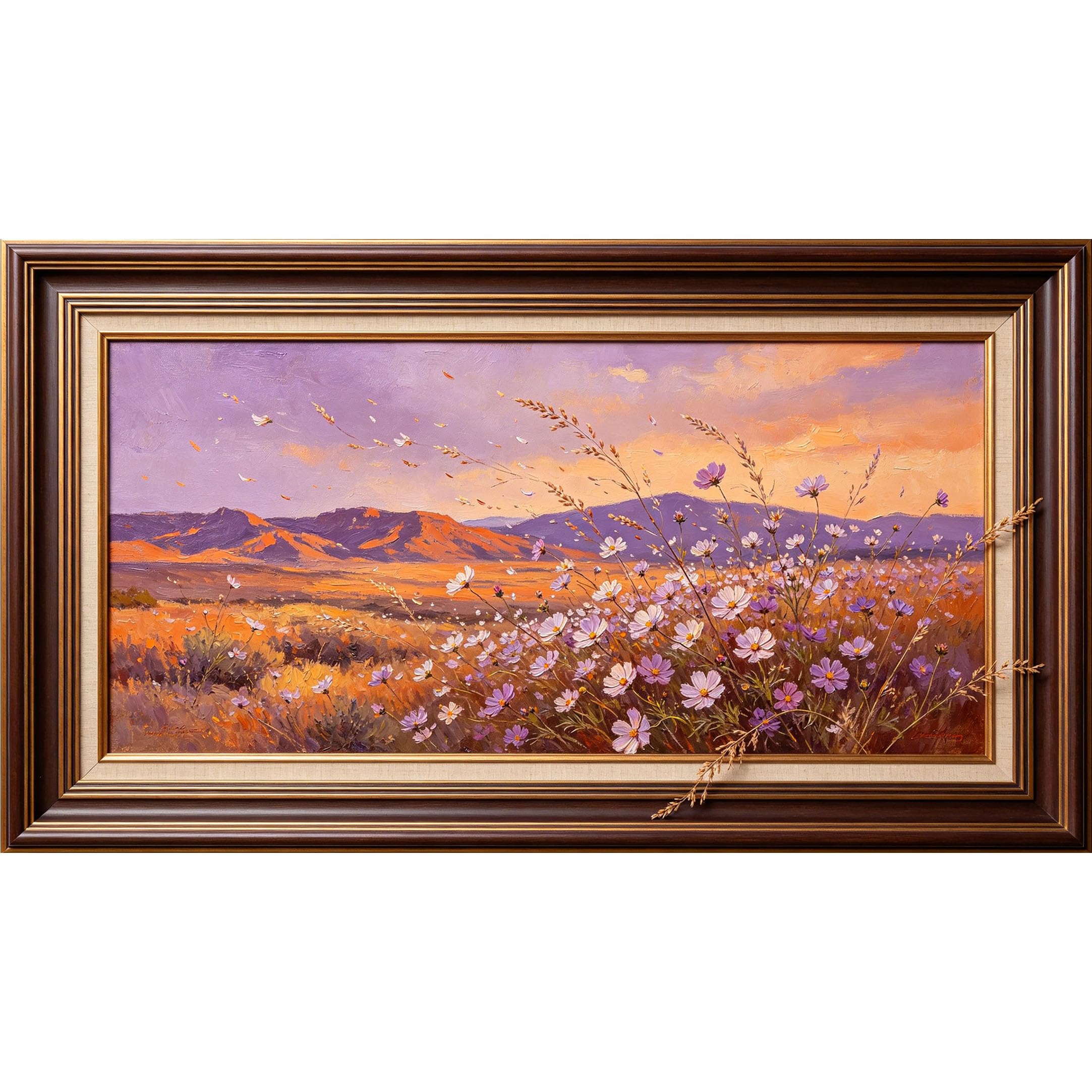 QZLITHOTIC 50x90cm3D Framed Wall Art， Sunset Mountain Landscape Wildflower Field Self‑Adhesive Mural， Water‑Activated Peel & Stick Fabric Decor Wall Decal for Bedroom Living Room