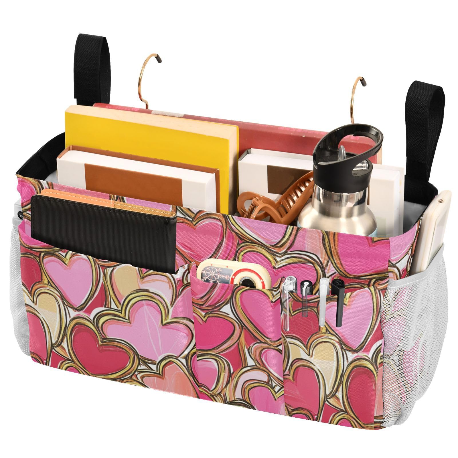 FRODOTGV Bedside Hanging Storage Basket Bag With Organizer Pockets for Remotes Phone,College Dorm,Camp,Baby Bed Rails Valentines Day Golden Pink Love