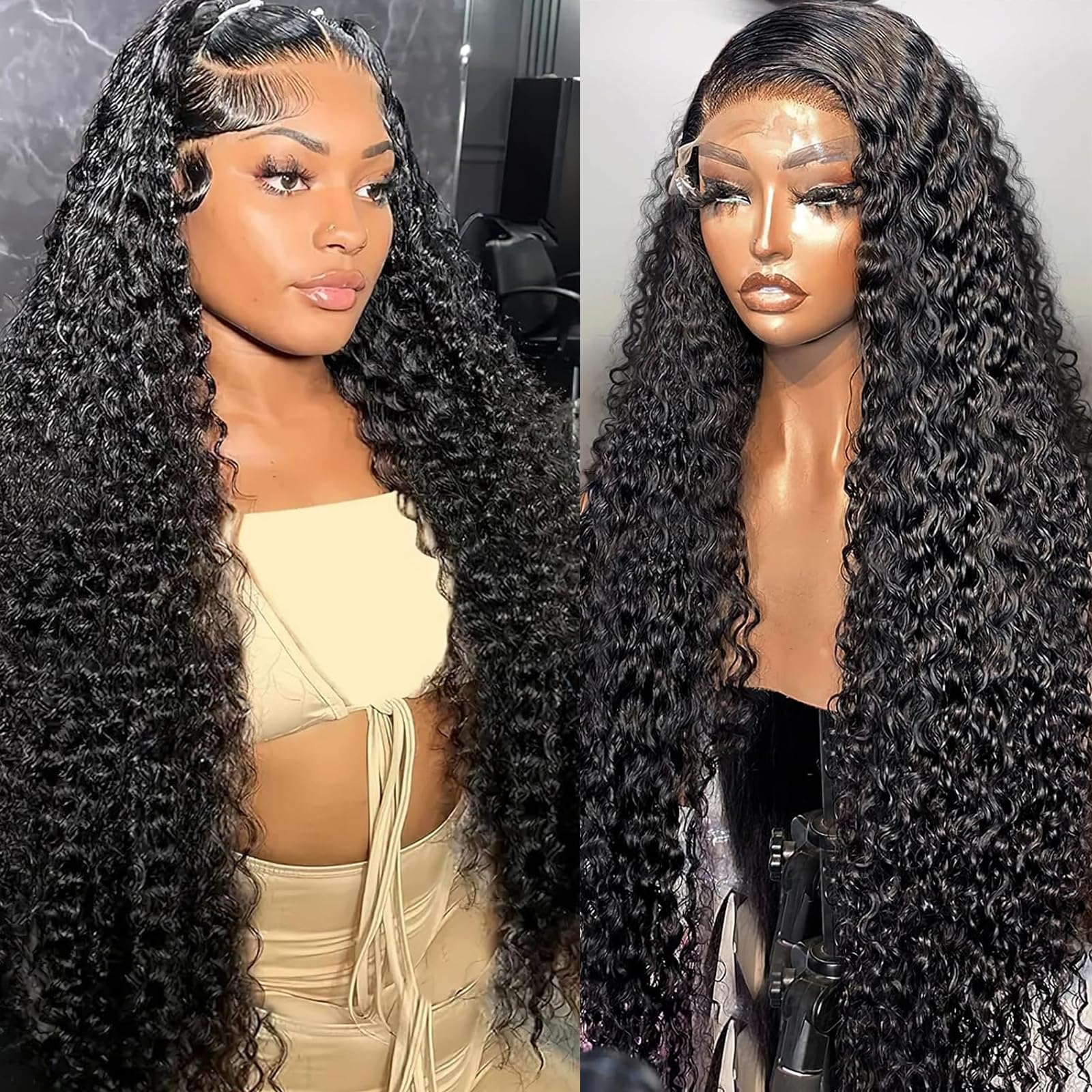 Deep Wave 13x6 Lace Front Wigs Human Hair Pre Plucked with Baby Hair 180 Density Curly HD Transparent Lace Frontal Wigs Wet and Wavy Human Hair Wig for Women (180 Density, 18 Inch)
