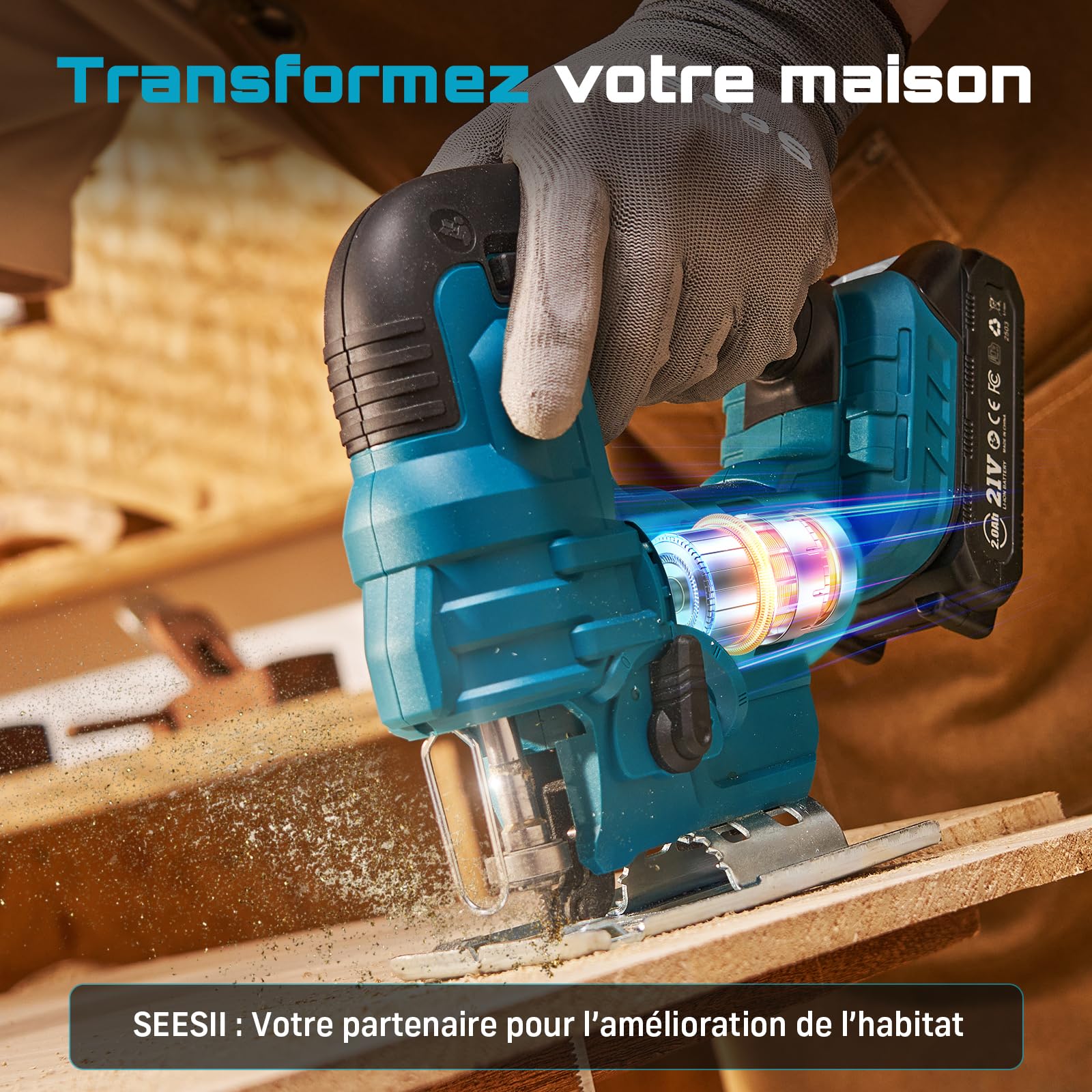Seesii Scie Sauteuse Sans Fil 21V, Scie Sauteuse Électrique avec 2 × 2.0Ah Batteries, 2800 RPM Vitesse Variable pour la Coupe du Bois, 0°-45° Coupe en Biseau, Lumière LED, 4 Réglages Orbitaux