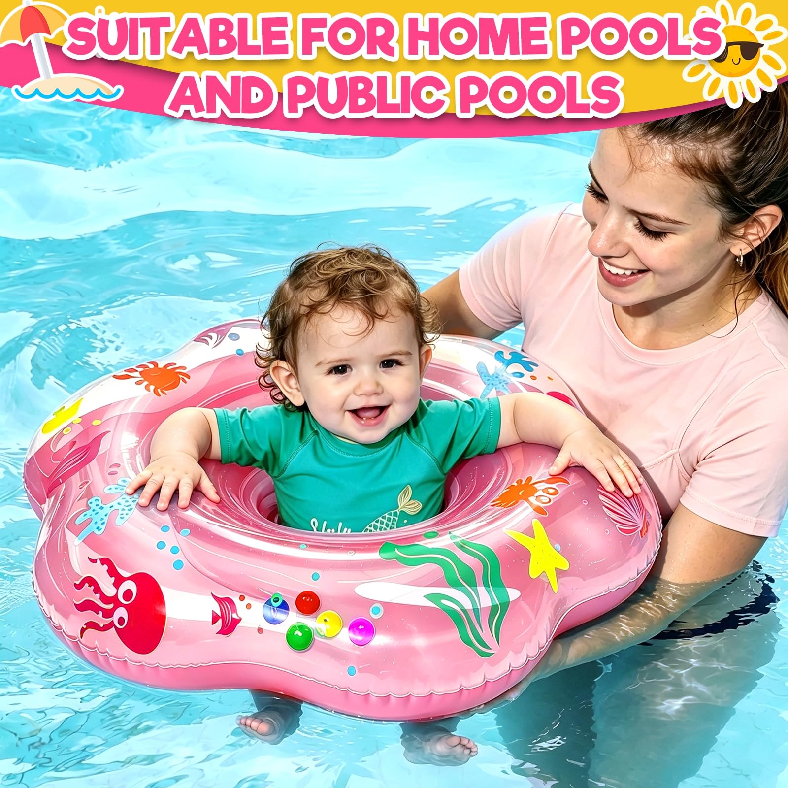 Extra großer 65 cm großer Baby-Pool-Schwimmer mit doppeltem Airbag und Sicherheitssitz, aufblasbarer Schwimmring für 6–36 Monate Kleinkinder, verbesserter Durchmesser verbessert die Stabilität im Pool