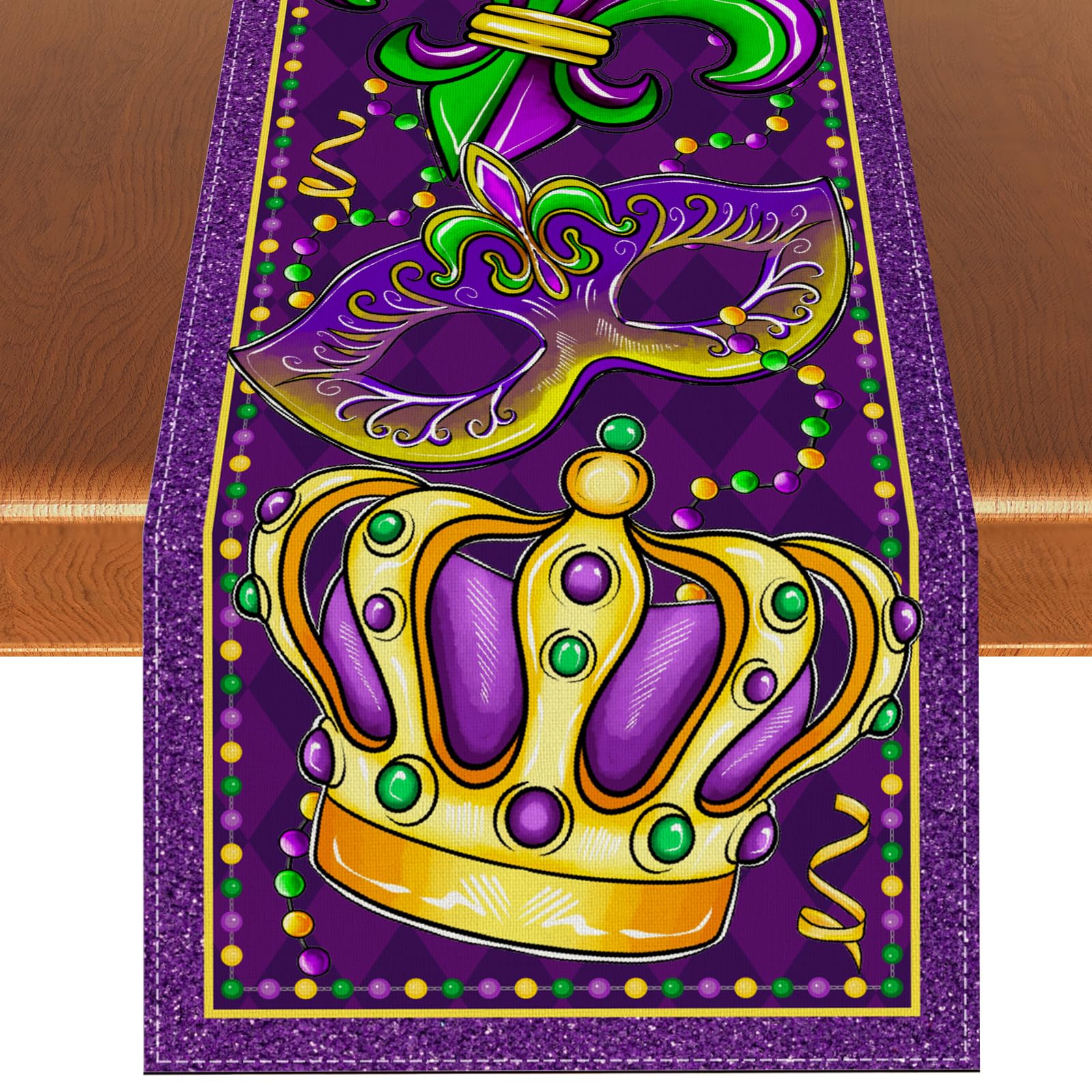 Mardi Gras Table Runner Purple Mask Beads Iris Fleur De Lis Tablecloth Fat Tuesday Brazil Carnival Masquerade Party Birthday Decorations and Supplies
